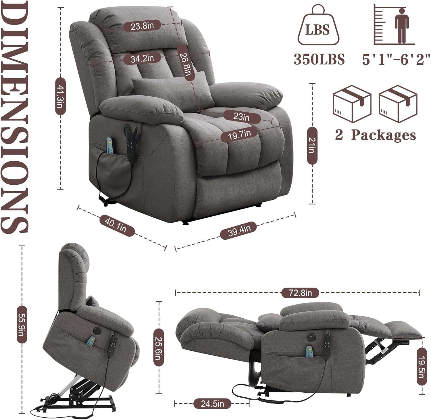 Infinite Position Lay Flat Lift Recliner Chair for Adults, Dual Motor Power Lift Chair for Elderly with Massage & Heating, USB Ports, Remote Control & Lumbar Pillow, Linen Fabric (Grey)