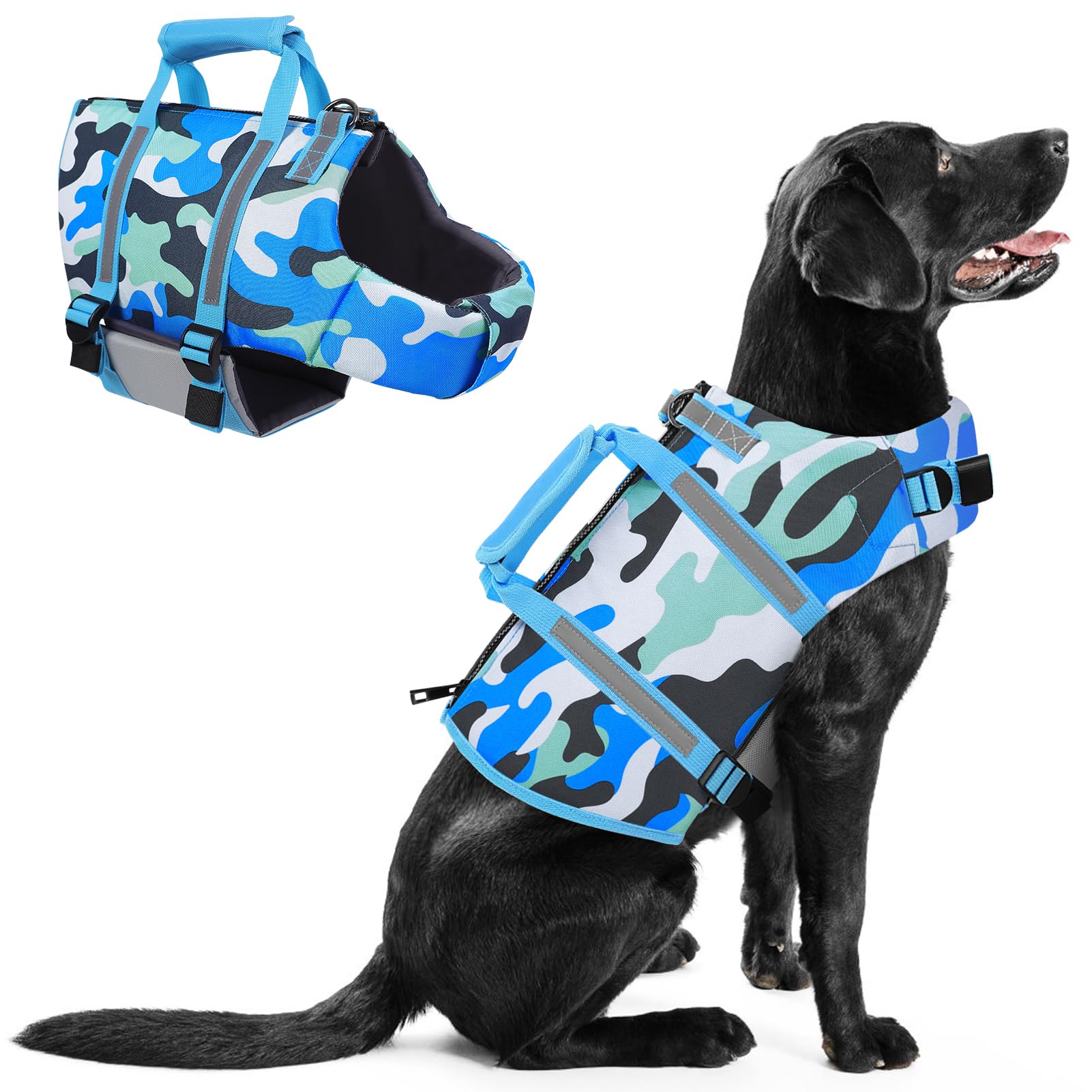 PUZAUKAL Giubbotto Salvagente Cane con cerniera dorsale e camouflage, regolabile, maniglia di salvataggio. Salvagente per cani ideale per Labrador, Corgi, Bulldog Francese.(XL mimetica blu)