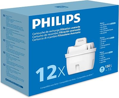 Philips Water Cartucce filtranti sostitutive Filtrazione Avanzata, 12 unità, riducono MICROPLASTICA, CLORO, CALCARE, METALLI PESANTI, CONFEZIONE PUO VARIARE, Compatibile con Brita*