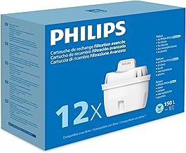 Philips Water Filter Cartridges Replacement Advanced Filtration, Pack of 12, Reduce Microplastics, Chlorine, Limestone, Heavy Metals