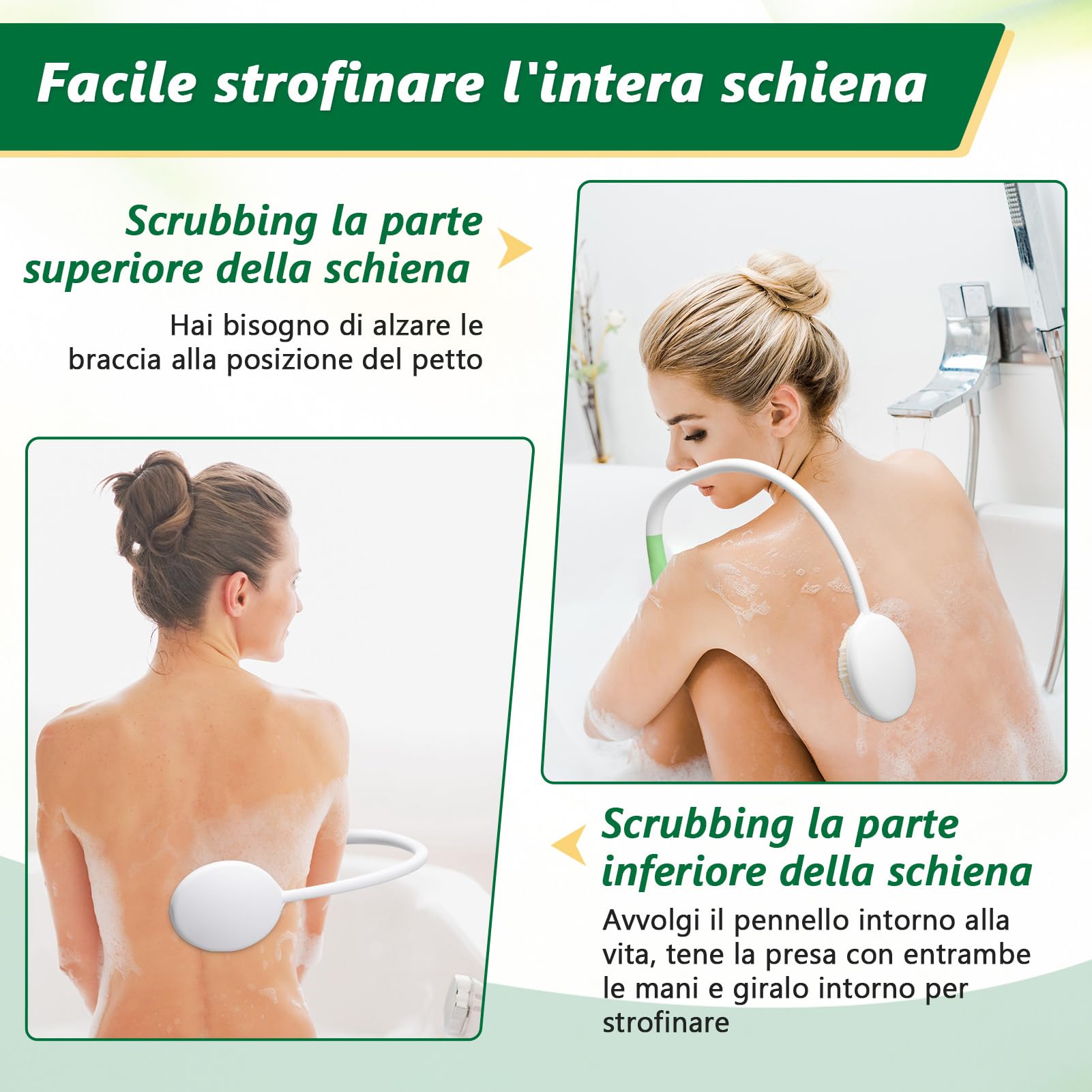Spazzola per schiena con manico lungo, ergonomica, con setole morbide, per tutte le parti del corpo, per tutti i tipi di pelle, esfoliazione morbida, miglioramento della salute della pelle