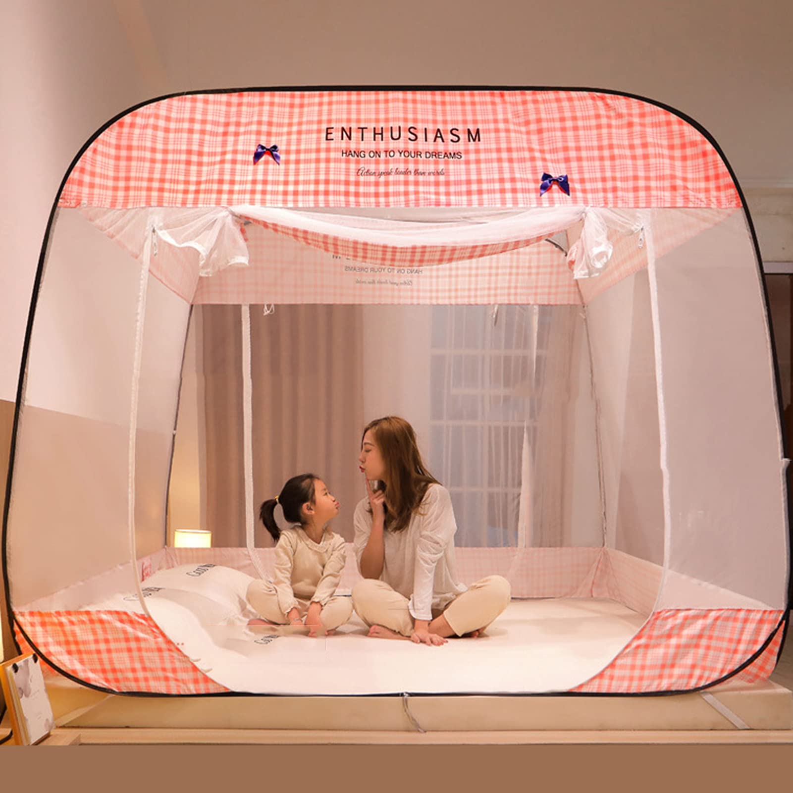 GJMSSMY Pop Up Mosquito Net Tent with Bottom, Folding Canopy for Bedroom And Outdoor Trip, Holes Anti Mosquito Bites, Easy To Install And Wash for Twin To King Size Bed,Pink,150 * 200CM