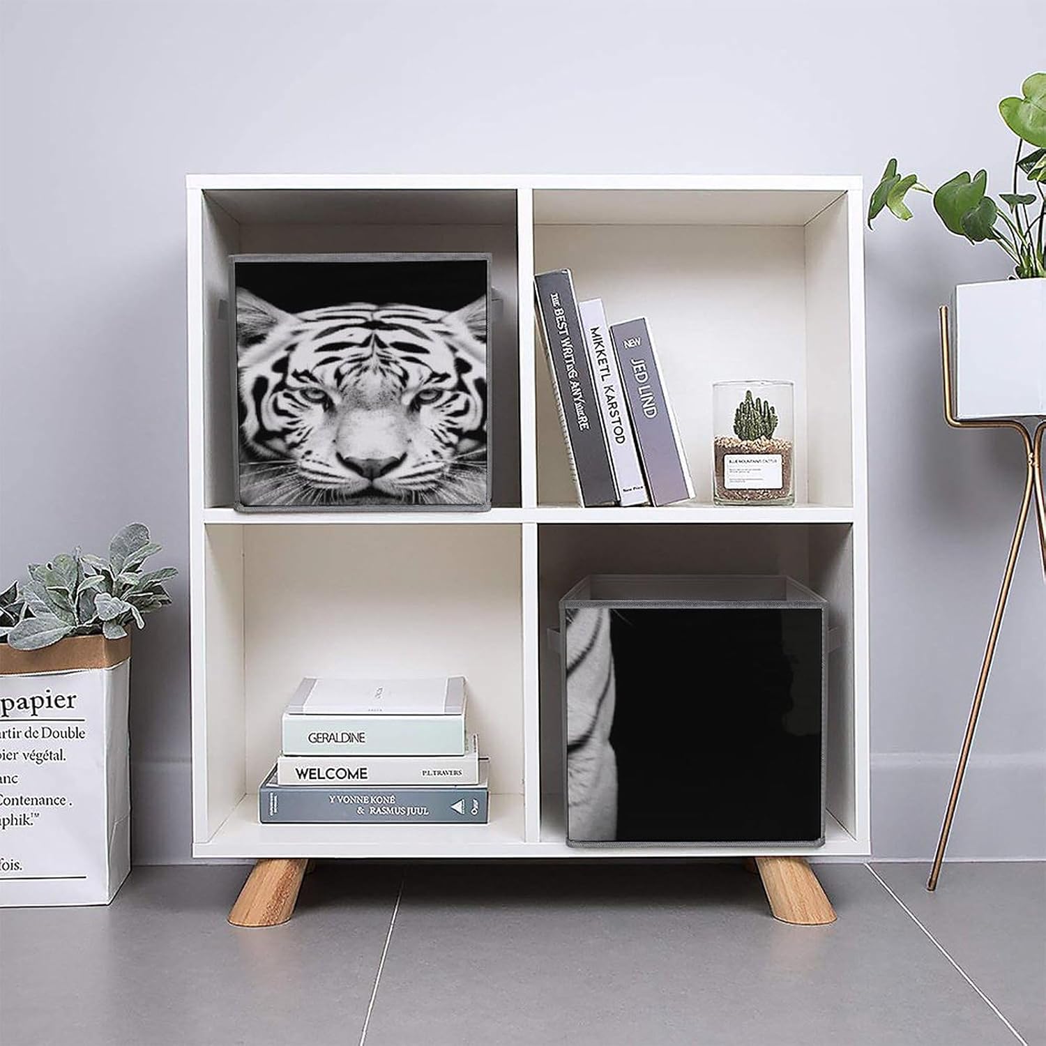 Multi Use Organizer Bins, Black And White Tiger Printed Storage Bins, Foldable Storage Baskets Are Suitable For Bedrooms, Offices, And Cars