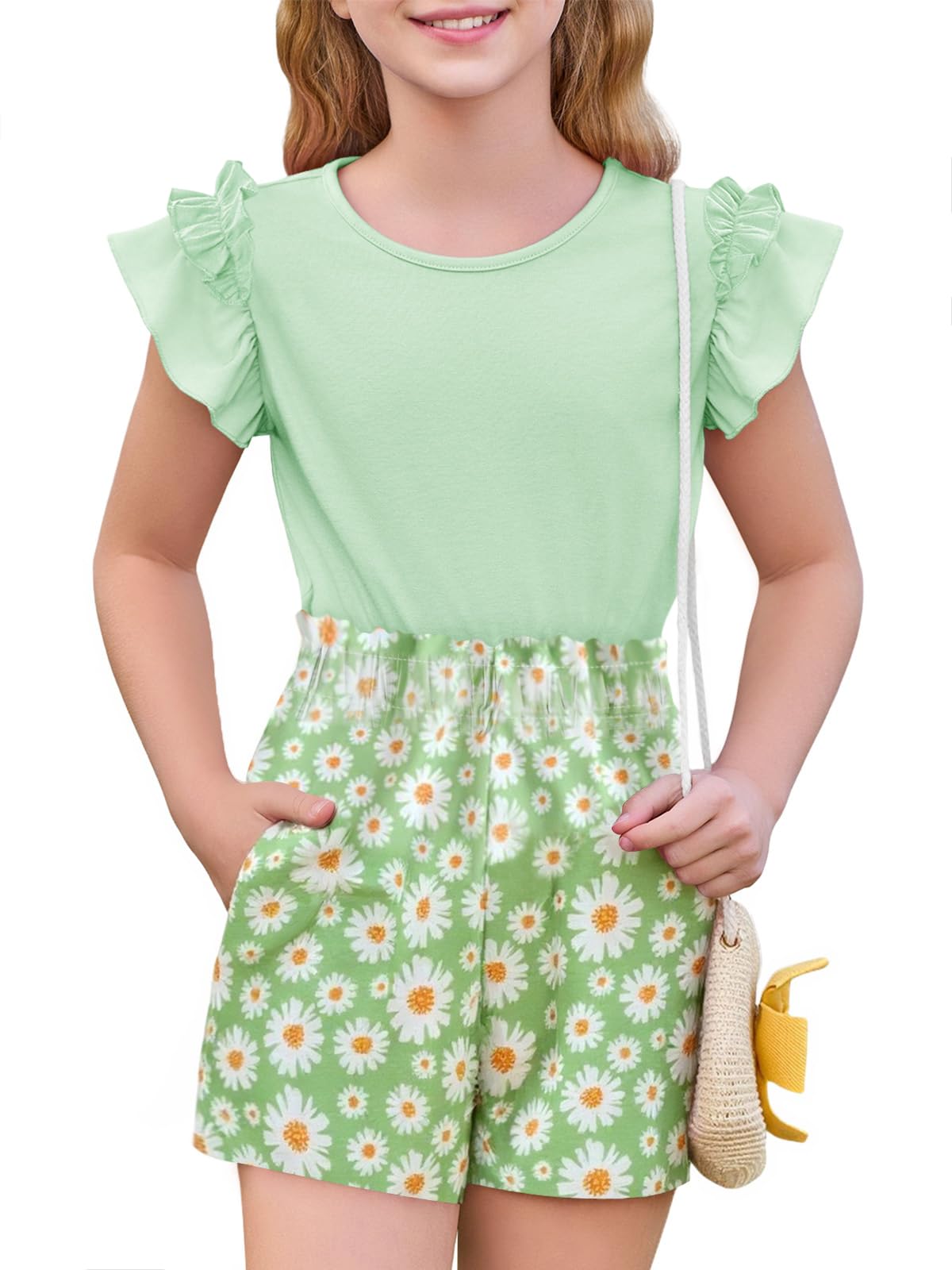 Haloumoning Girls 2 Piece Summer Outfits Clothes Ruffle Short Sleeve Shirts and High Waist Paper Bag Shorts Sets with Pockets