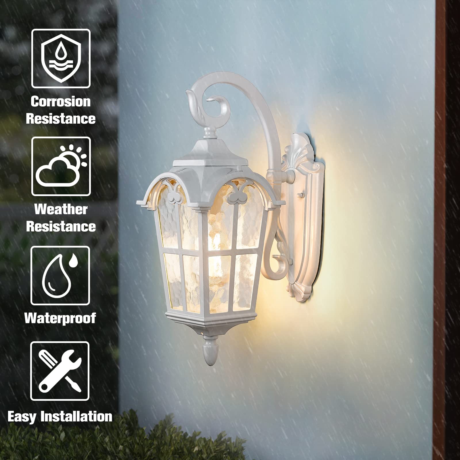 Emliviar Outdoor Wall Lights, 1-Light Modern Outside Lights for House, 17.5 Inch Height with Water Glass, White Finish, WE215B WH