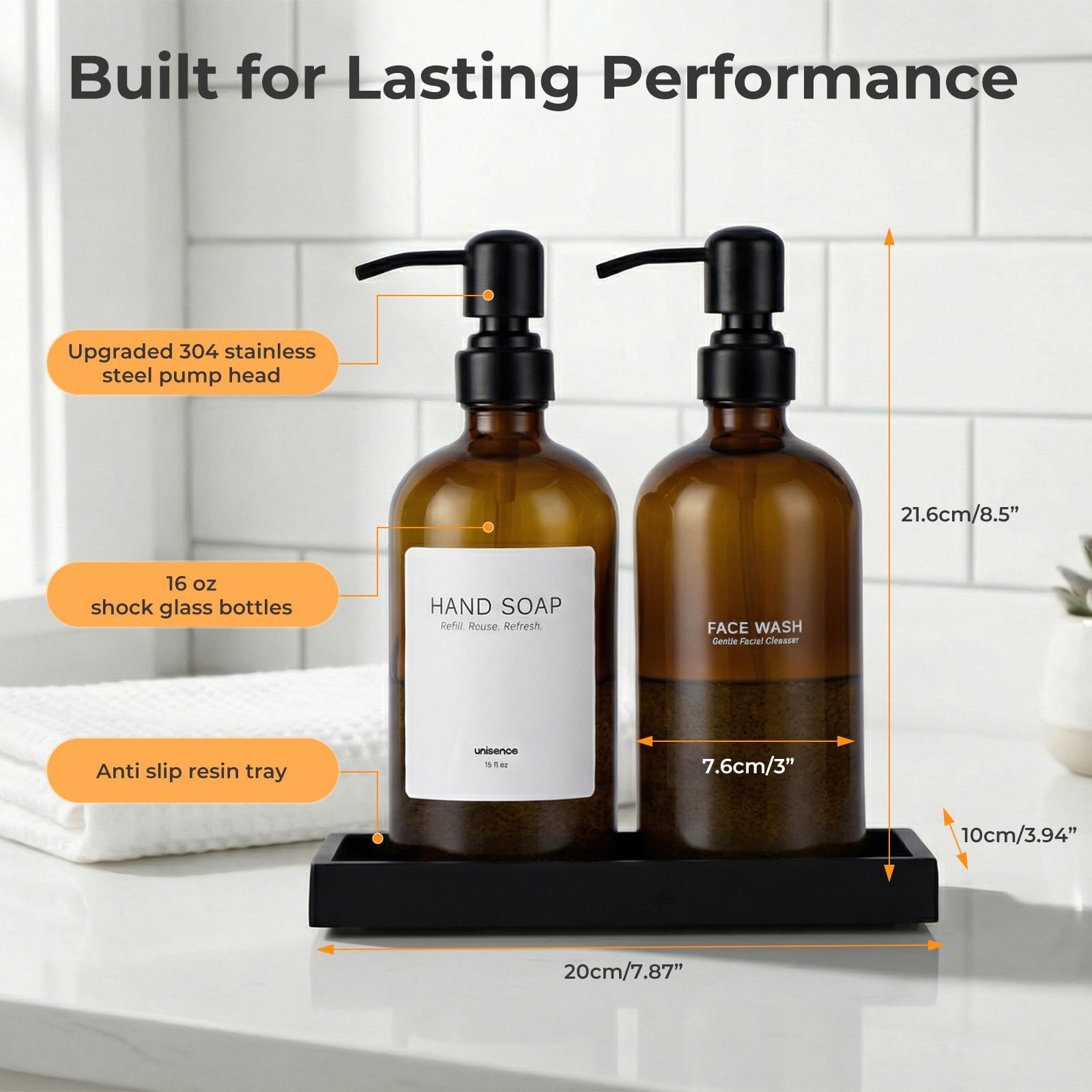 Set dispenser di sapone in vetro per cucina, dispenser di sapone per mani e piatti, con pompa in acciaio inossidabile e vassoio in resina, dispenser di sapone da banco ricaricabile moderno per cucina