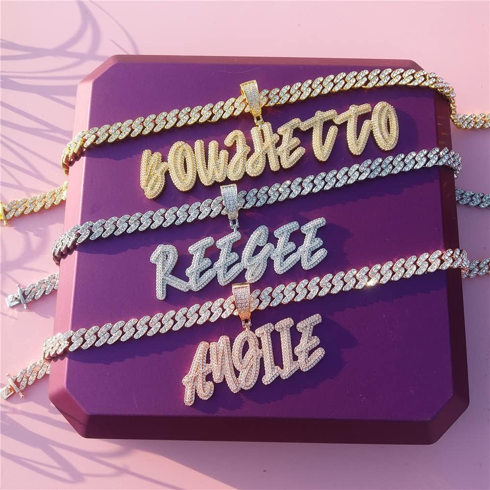 Personalized Iced Out Cursive Letters Nameplate Necklace Hip Hop Cubic Zircon Icy Initials Choker Jewelry Custom Name Pendant with Mini 9mm Cuban Chain for Women