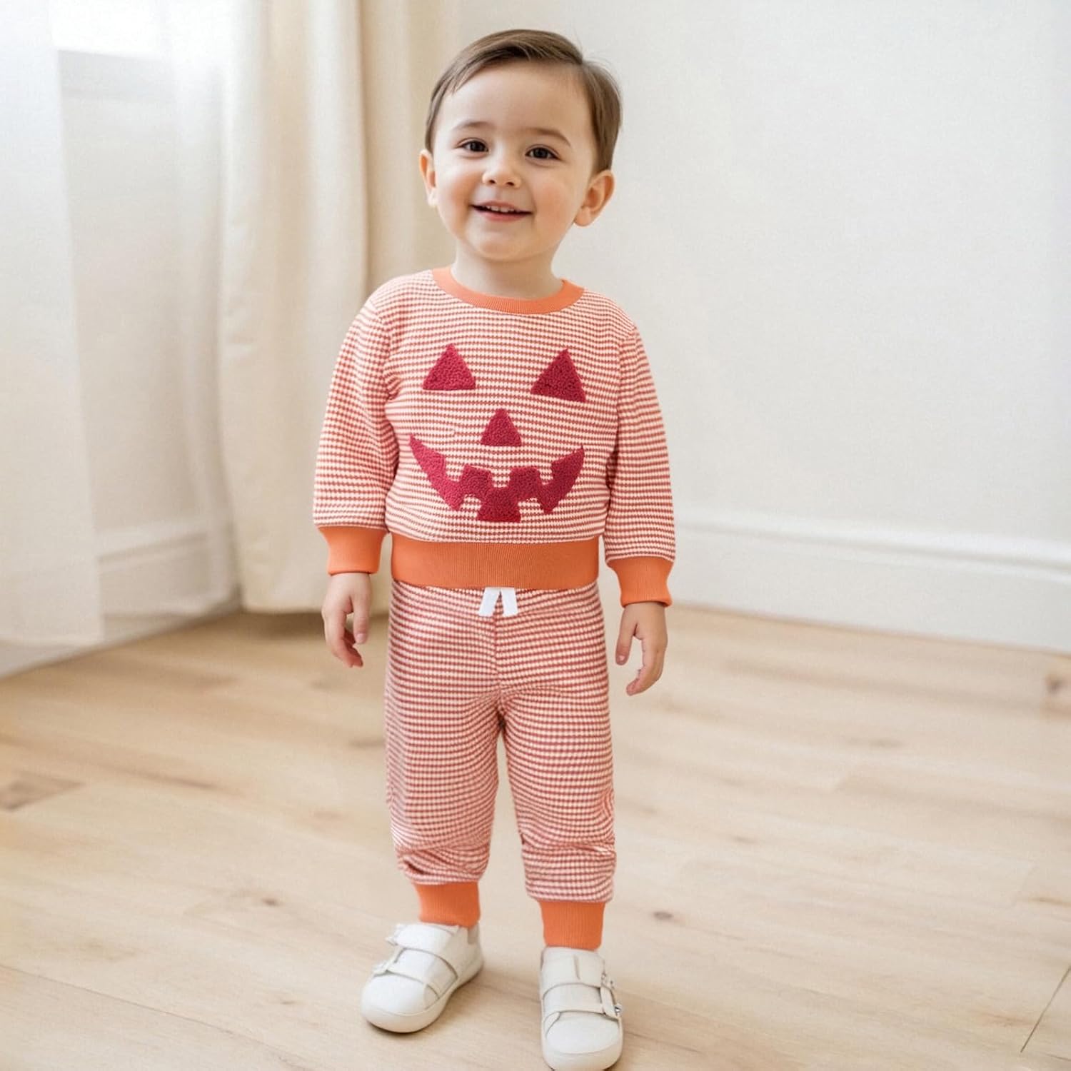 FOMOYUU Unisex Baby Girl Boy Waffle Pumpkin Halloween Striped Clothes Long Sleeve Sweatshirt Pant Set for Fall Winter