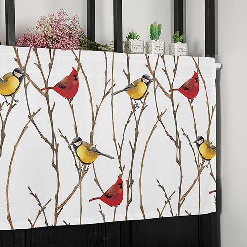Miniatura 7 de Cenefa de Navidad para ventanas, pájaros en un árbol, cortina de cocina, cenefas con bolsillo para barra, cortina de ventana de pájaro amarillo y