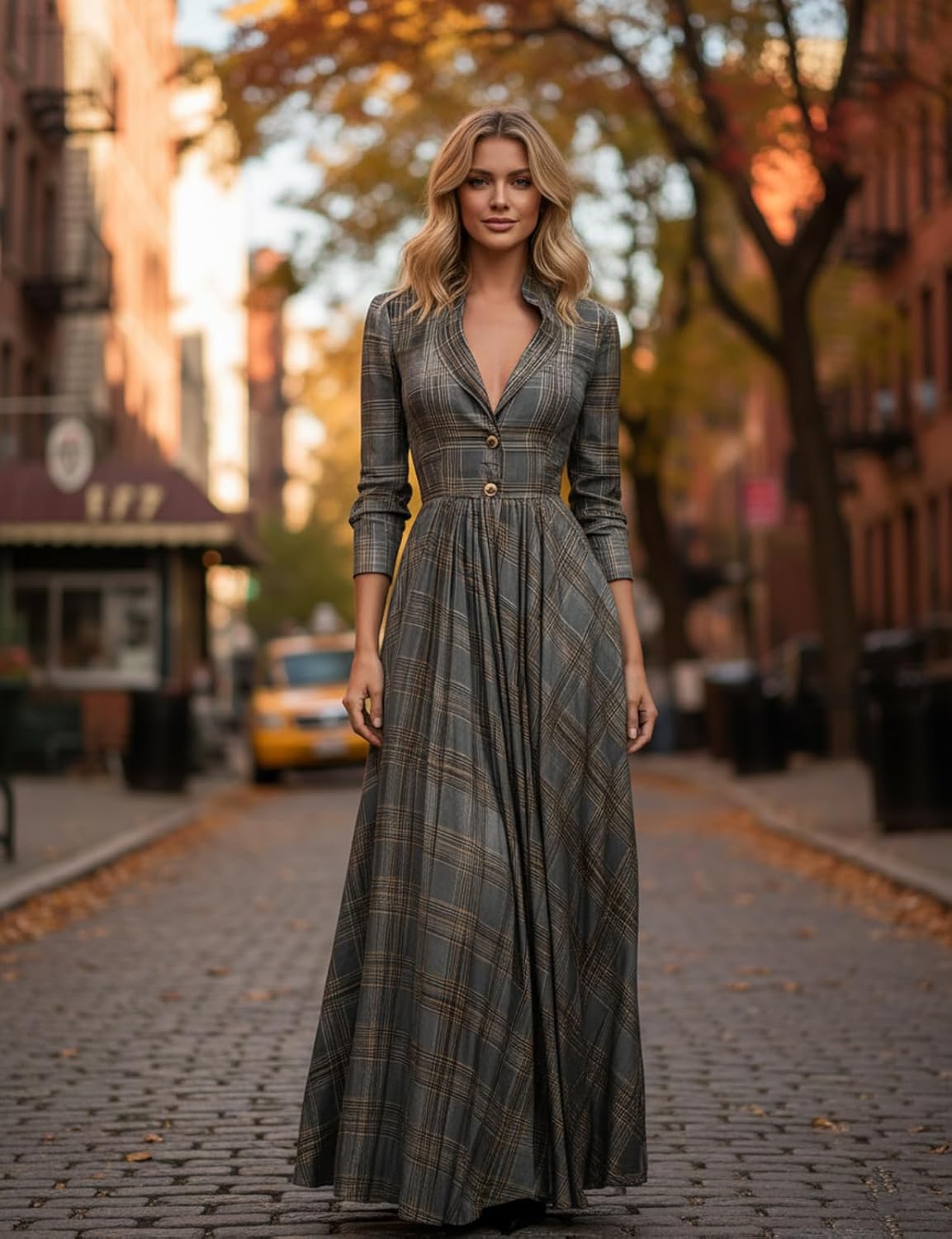 Women’s Grey Tartan Linen Blend Maxi Dress Long Sleeve V Neck Flared Plaid Dress with Buttons for Fall Winter - Image 4