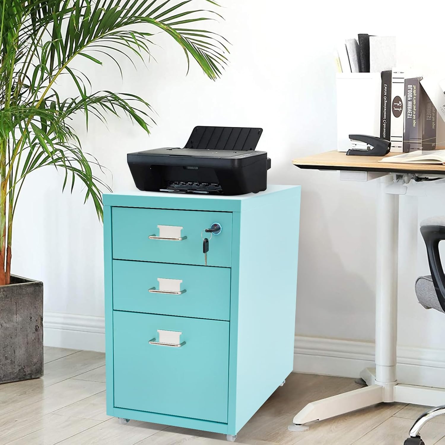 3-Drawer Vertical File Cabinet, Metal Mobile File Cabinet with Lock, Filing Cabinet Under Desk Fits Store Stamps, Sticky Notes, Paper Clips, Office Storage Cabinet for Study Home, Blue