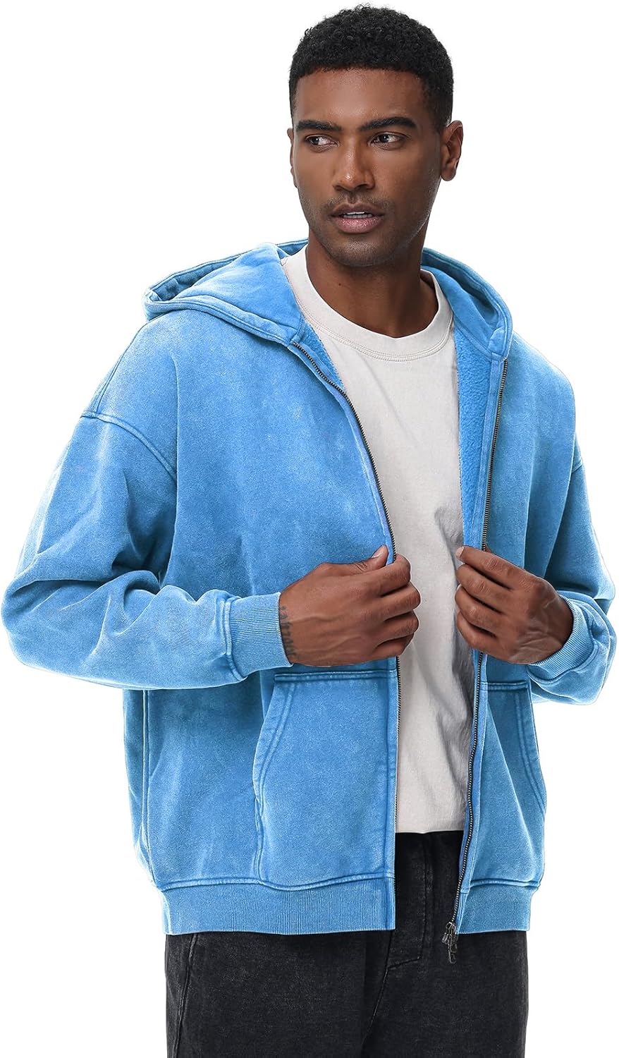 Mens Womens Fleece Double Zip Up Hoodies Oversized Acid Wash Vintage Heavyweight Sweatshirt Hooded Jacket