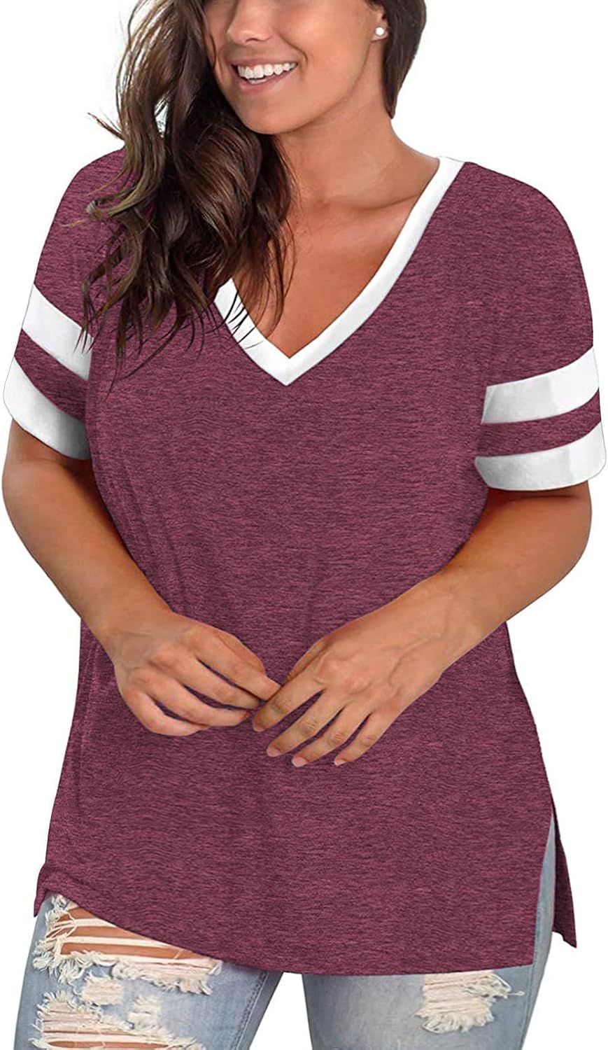 ROSRISS Plus-Size Womens Tops V Neck Color Block Tee Side Split Striped Tunics