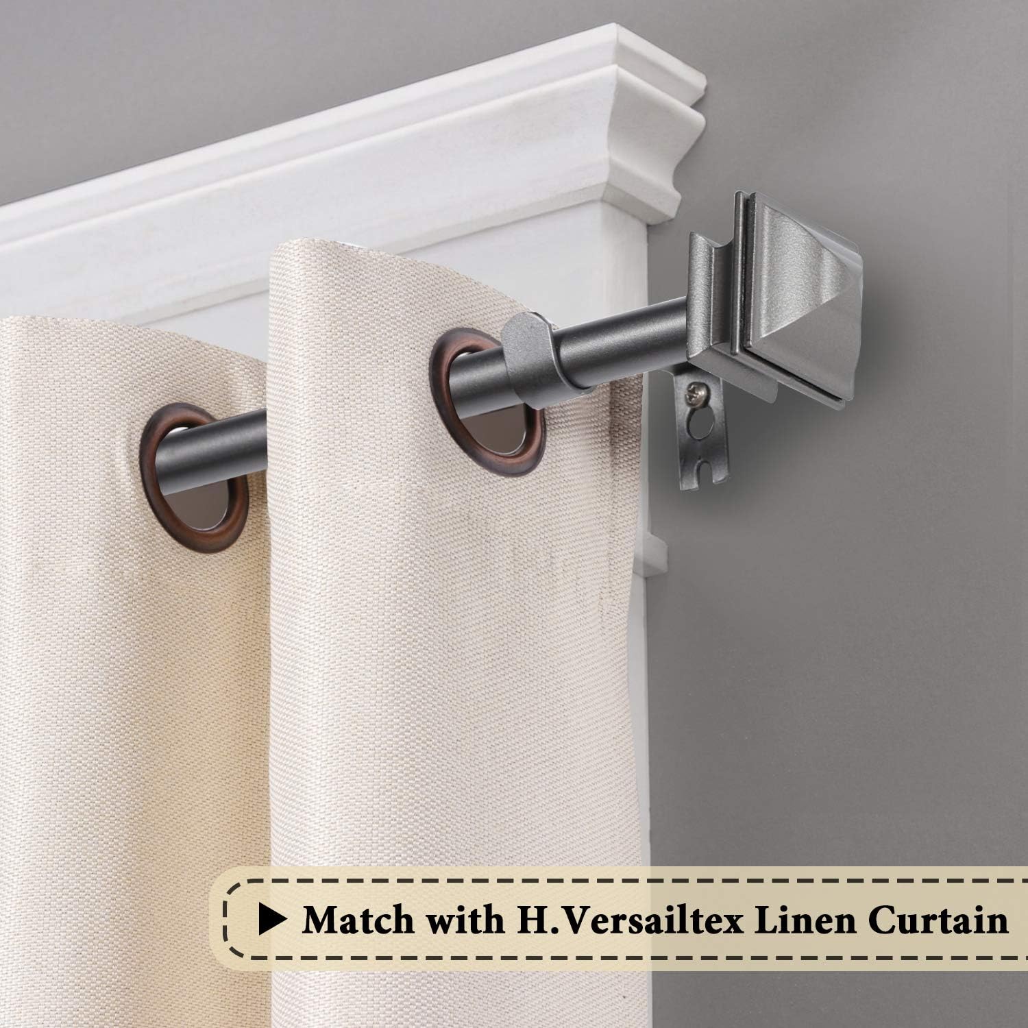 H.VERSAILTEX Window Curtain Rod Telescoping Single Drapery Rod Sets with Square Finials, Adjustable Length from 28 to 48-Inch, 5/8 Inch Diameter, 2 Pack, Pewter