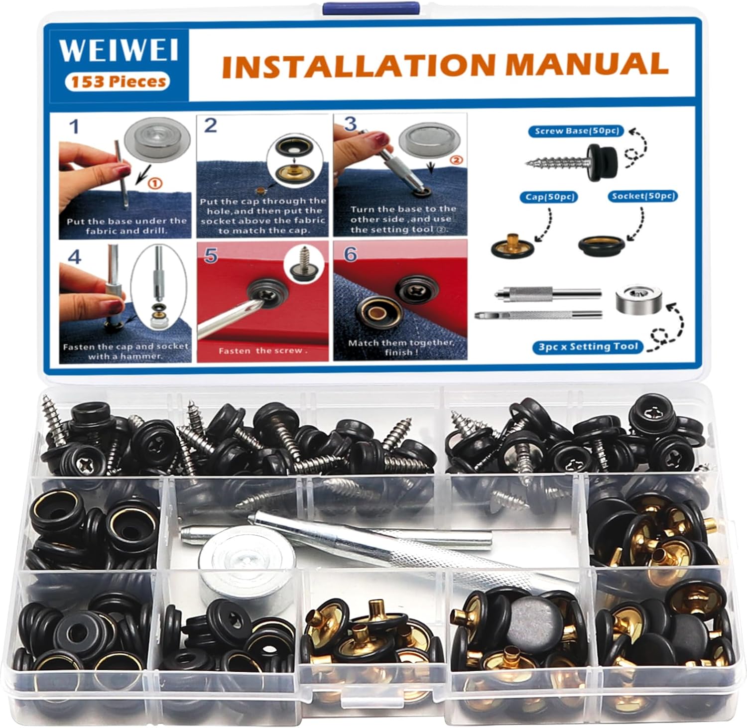 weiwei 153 PCS Canvas Snap Kit Stainless Steel 3/8" Socket Boat Snaps Marine Grade Metal Screws Fasteners with Setting Tool for Carpet Leather Fabric Furniture Cover (Black, 50 Sets)