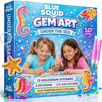 Blue Squid Diamond Art for Kids   Under The Sea - Fun & Easy DIY 5D Gem Art Kits Kids Gift Set for Gem Keychains, Stickers, Sun Catchers - Diamond Painting for Kid Girls, Boys Ages 6-12