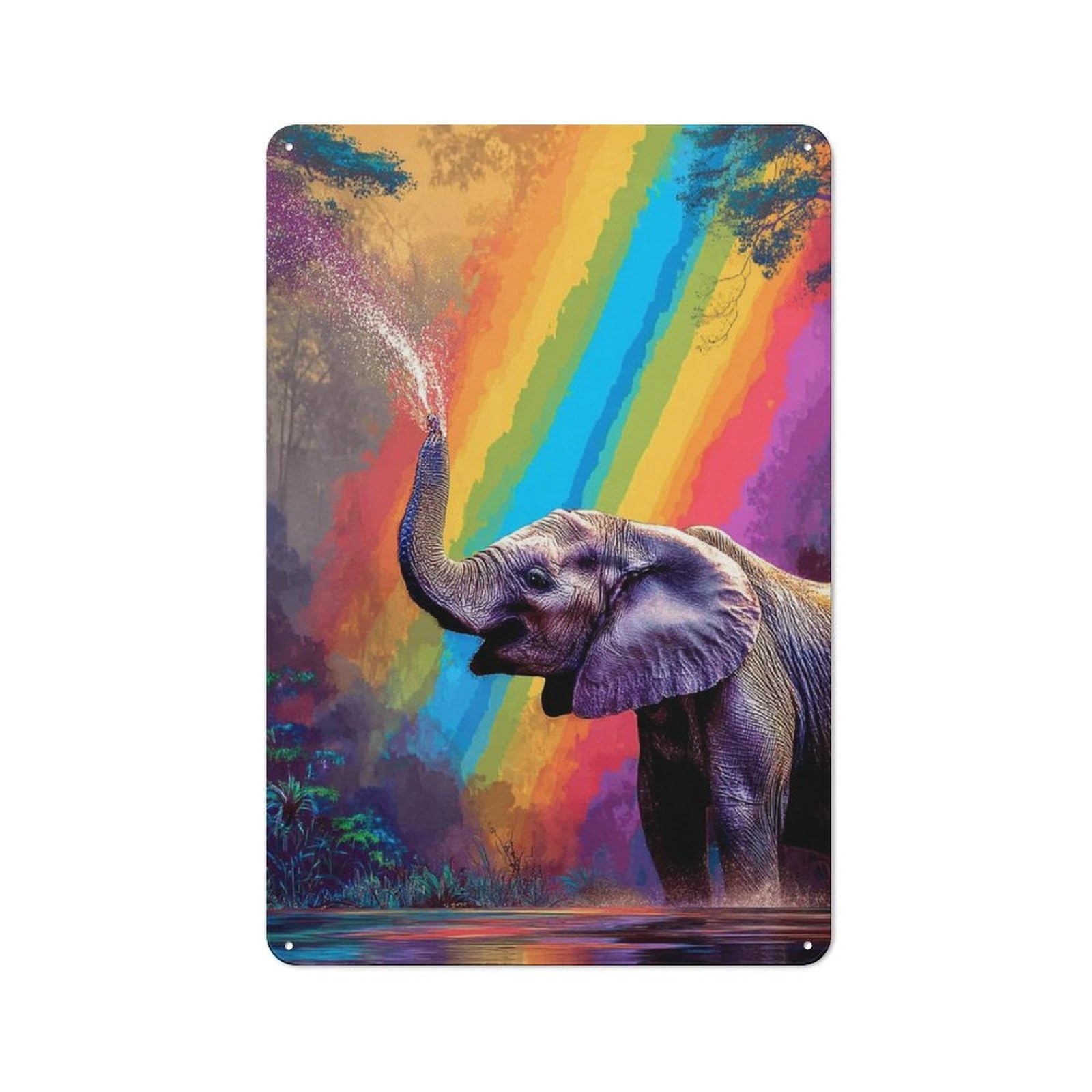 Junmoney Rainbow Elephant In Paradise -1 Tin Wall Plaque 30X20cm With For Pub Or Café, A Decorative Christmas Gift For Hospitality Wall Decor Collectors