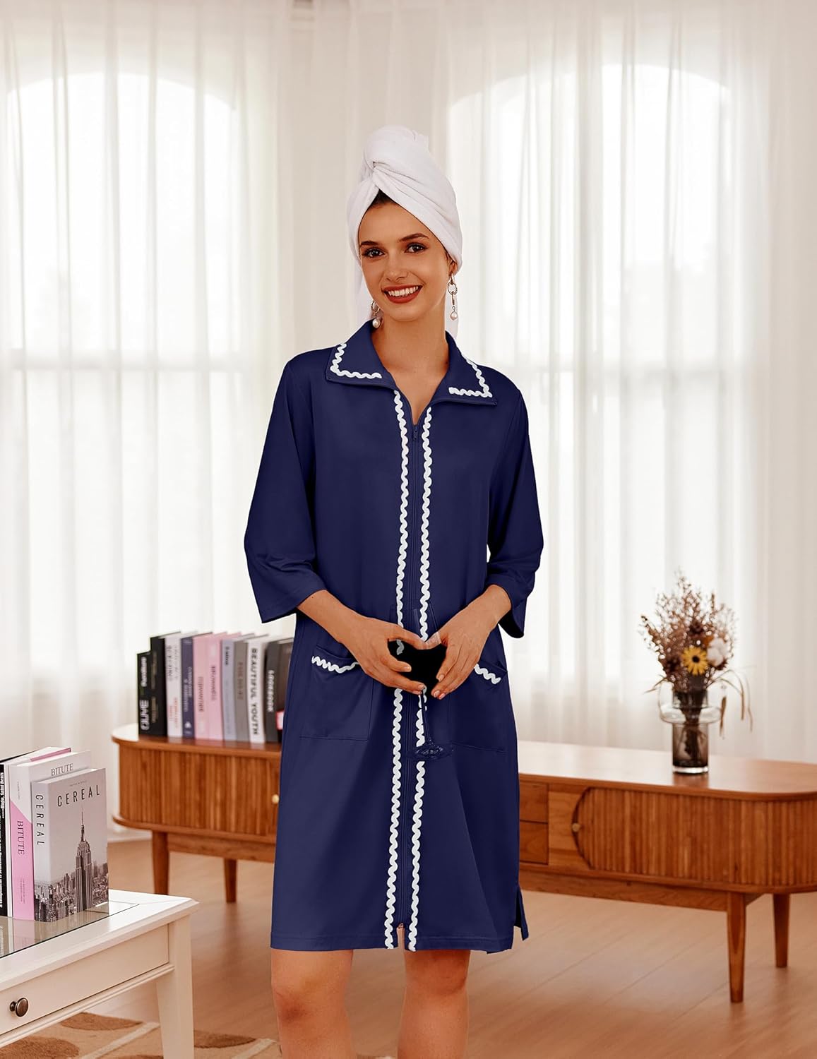 Ekouaer Women Zipper Robe Lightweight House Coat Zipper Front Short Bathrobes Soft Nightgown with Pockets S-3XL - Image 3