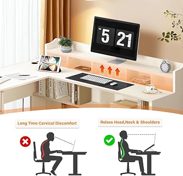 MaverickFurni 60 White L Shaped Desk with 3 Drawers and Power Outlet | L Shaped Desk with Movable Hutch, Large Home Office Corner Computer Desk with Storage File Cabinet