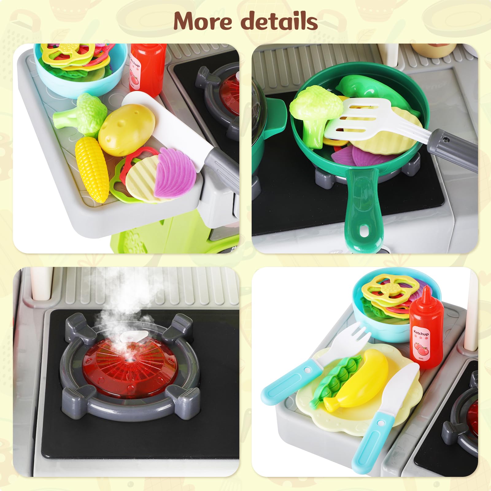 deAO Cucina giochi per bambini con luce sonora acqua vapore e accessori da cucina, set da cucina per bambini con frigorifero, lavastoviglie, fornello, forno, cucina, giocattolo per bambini dai 3 anni