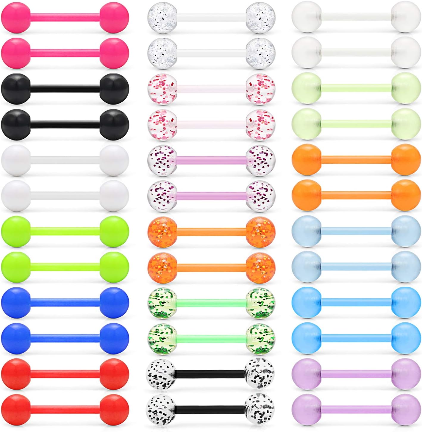 36Pcs 14G Glow in Dark Flexible Acrylic Straight Tongue Barbell Nipple Ring Retainer Piercing Jewelry for Women Men 16mm Bar