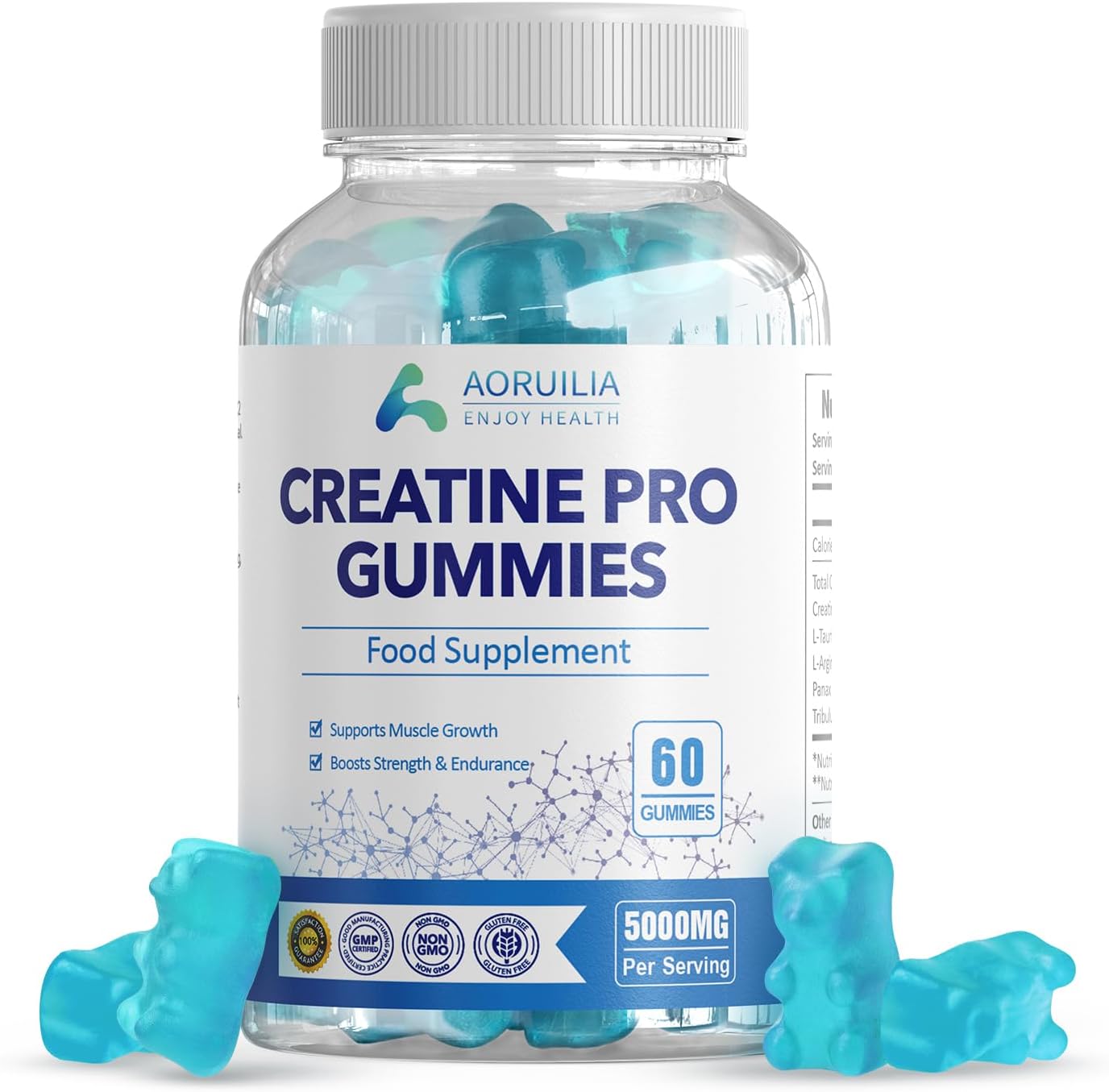 Creatine Gummies for Men & Women 5000mg 60 Chewable Creatine Monohydrate Gummies for Muscle Strength & Growth Sugar Free Pre-Workout Supplementm Vegans Gym (Blueberry Flavour)