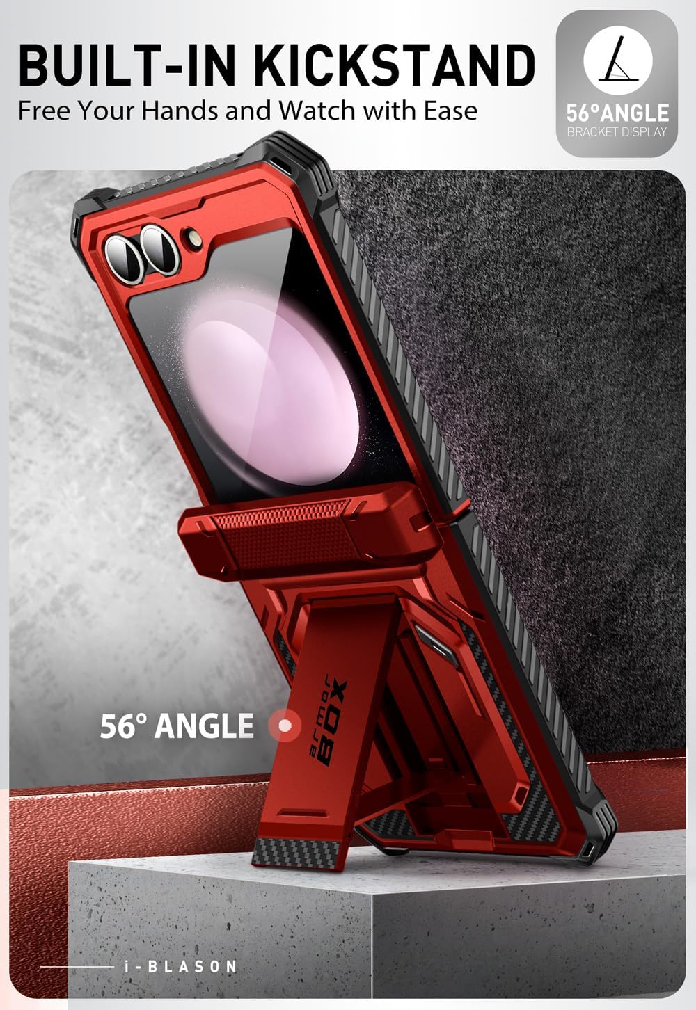 i-Blason for Samsung Galaxy Z Flip 6 Case, ZFlip 5 Case with Stand, [Built-in Screen Protector] [Hinge Protection] [Belt-Clip], Military Phone Case for Samsung Z Flip 7 FE/6/5, Armorbox, Ruddy