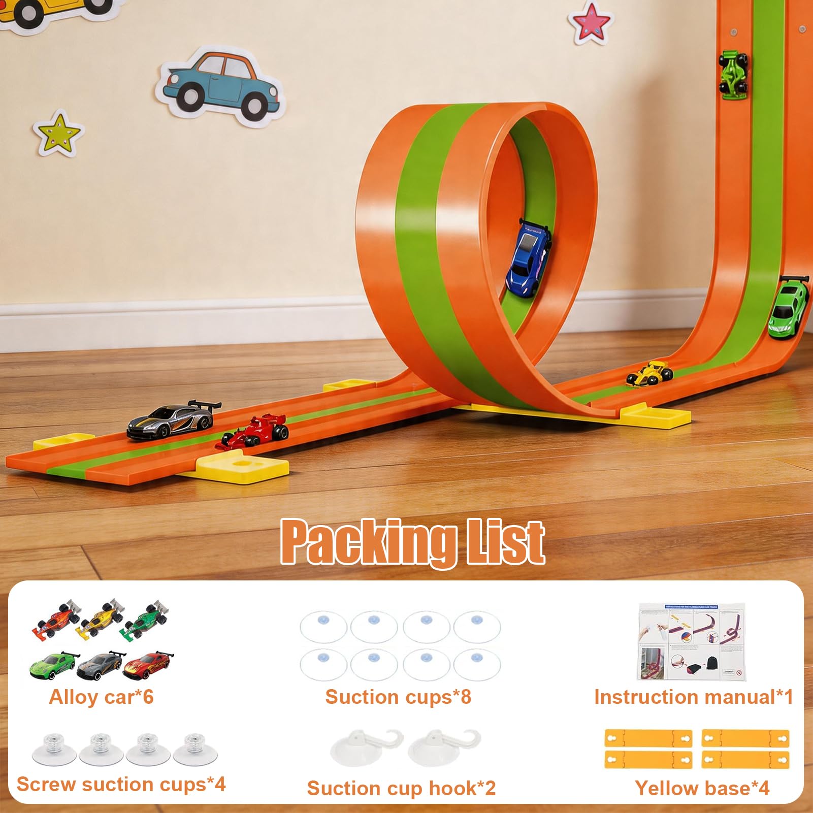 Car Racing Track for Children 5 m, Racing Track Car Toy with 6 Cars, Color box, Racing Track Children with Ramp Catapult, Portable Toy, Three-Track Car Racing Track from 3 Years