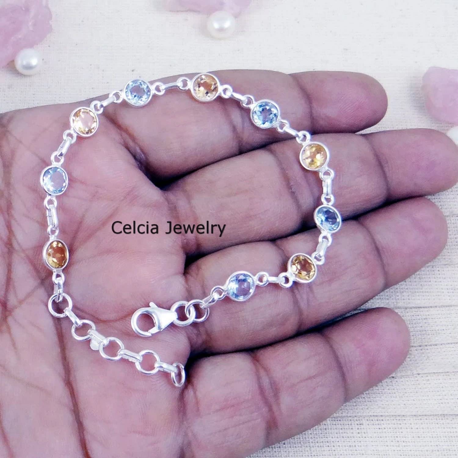Pulsera de plata de ley 925 maciza para hombres y mujeres, topacio azul genuino y citrino, múltiples piedras preciosas, pulsera única hecha a mano para ella
