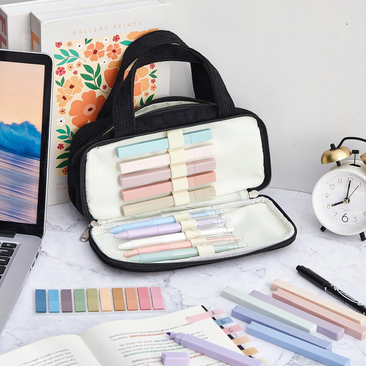 Jutom 39 Pcs Aesthetic Book Annotation Kit Highlighter with Case Bag Gel Pen Transparent Sticky Note Taking Bible Supplies(Black,Classic Style)