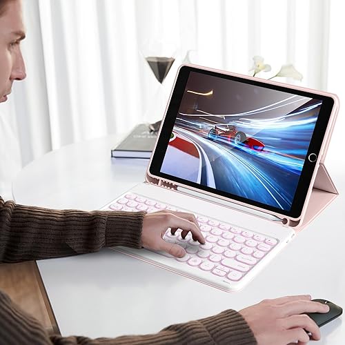 Miniatura 121 de aoub Funda para iPad de 9ª/8ª/7ª generación de 10.2 pulgadas, funda de teclado Bluetooth inalámbrica desmontable, funda trasera de TPU suave
