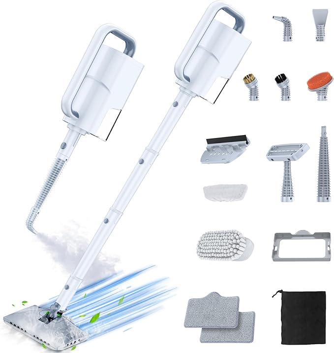 ScrubWiz Steam Mop Cleaner with Detachable Handheld Steamer, 10-in-1 Multi Accessories, Washable Microfiber Pads, 350ml and 2 Adjustable Levels for Cleaning Floor, Carpet, Tiles, and Grout, White