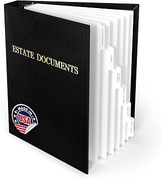 TRS Estate Planning Binder Kit Pre-Labeled Tabs, Sheet Protectors | 1.5" D-Ring Stitched Faux Leather Organizer for Wills, Trusts, Power of Attorney & End-of-Life Planning | Gold on Black