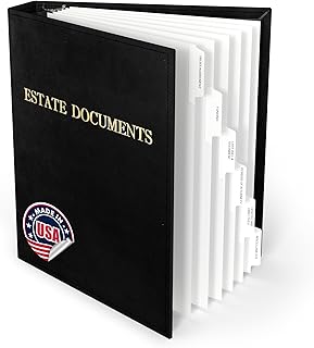 Estate Planning Binder DX Pre-Labeled Tabs, 1.5-Inch Angle D Ring, Faux Leather, Sheet Protectors– Organizing Wills, Trusts, Powers of Attorney & Final Wishes (Gold on Black - Deluxe) + Linen Folder