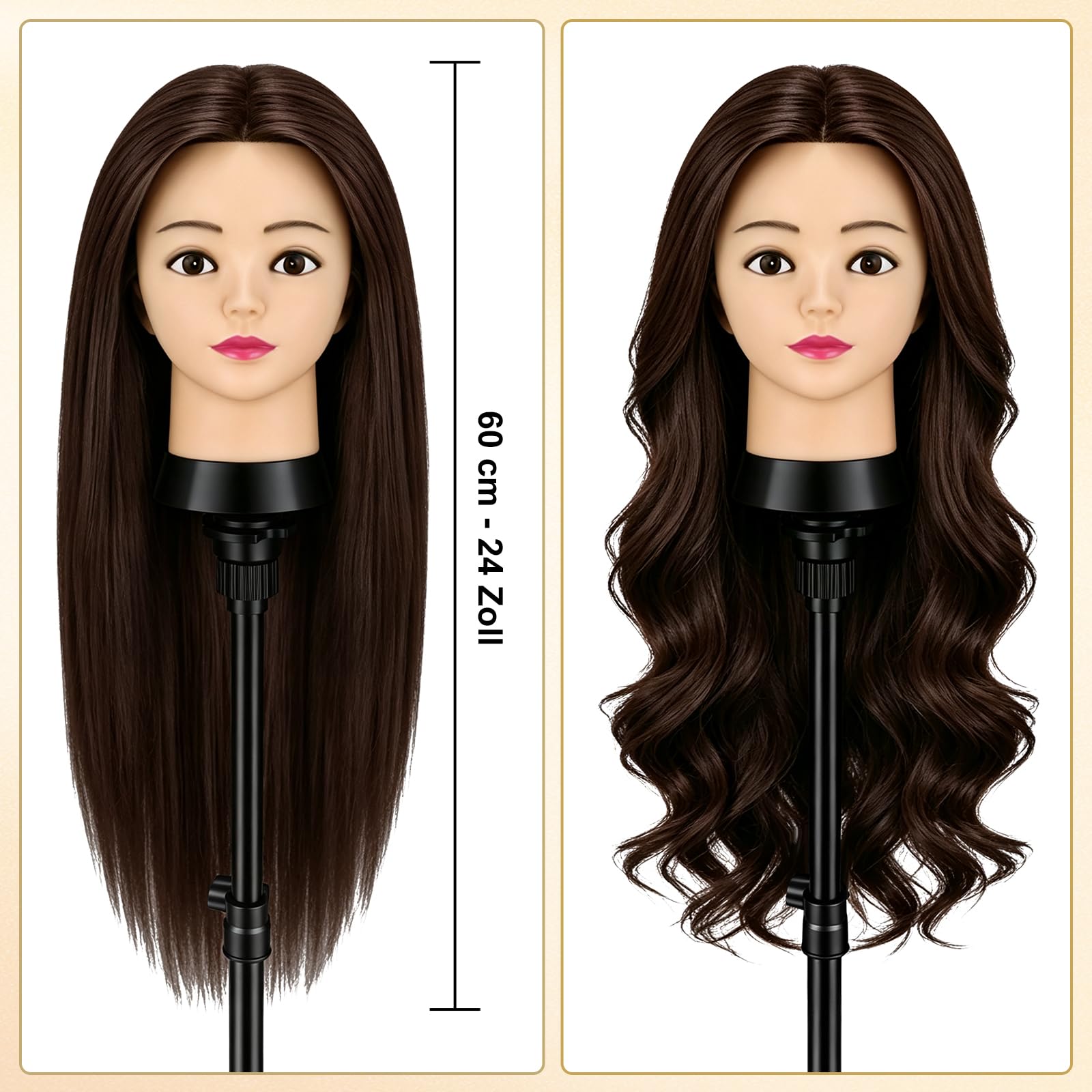 TwoWin 60 cm Trainingsköpfe Friseur, 24 Zoll Frisierkopf mit 80% Echthaar | Übungskopf Friseurkopf Puppenkopf mit Tischhalter + Haar Styling Braid Set (Rotbraun)