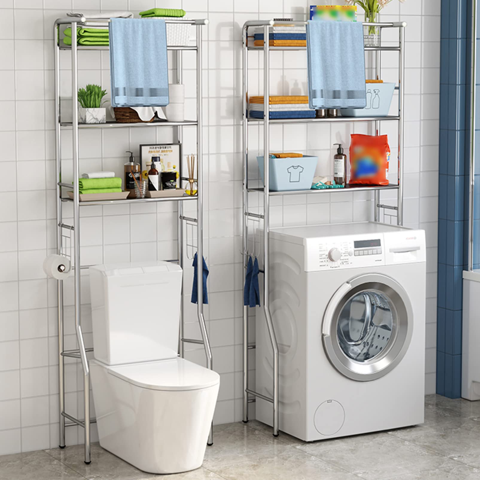 Estante sobre el inodoro, estantes de acero inoxidable antivuelco de 3 niveles con ganchos y soporte para papel higiénico, estante de almacenamiento para toallas que ahorra espacio en el baño