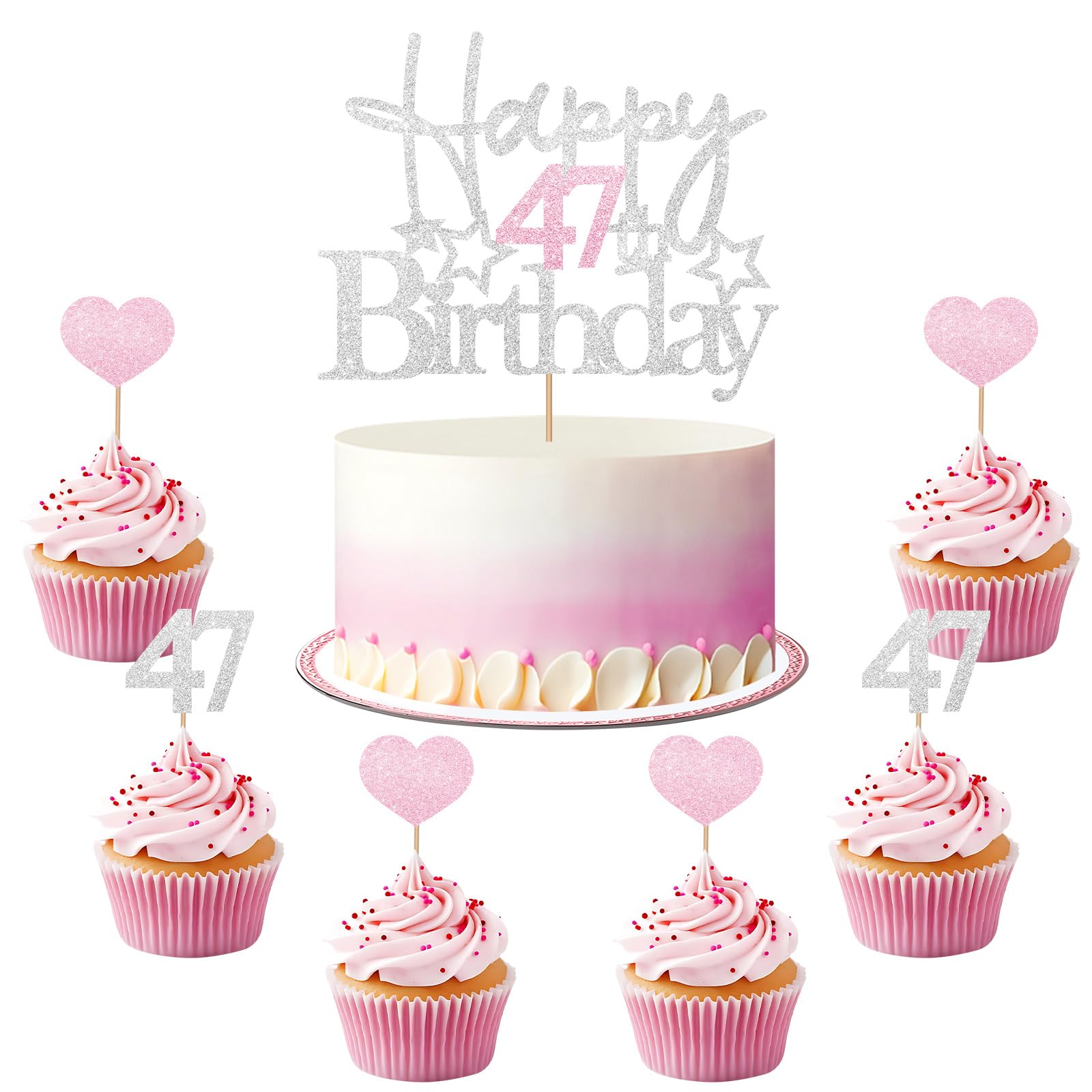 Decoración para tarta de cumpleaños número 47, decoración para tartas de cumpleaños número 47, diseño de corazón con purpurina plateada y rosa para cumpleaños, suministros de fiesta para mujeres de