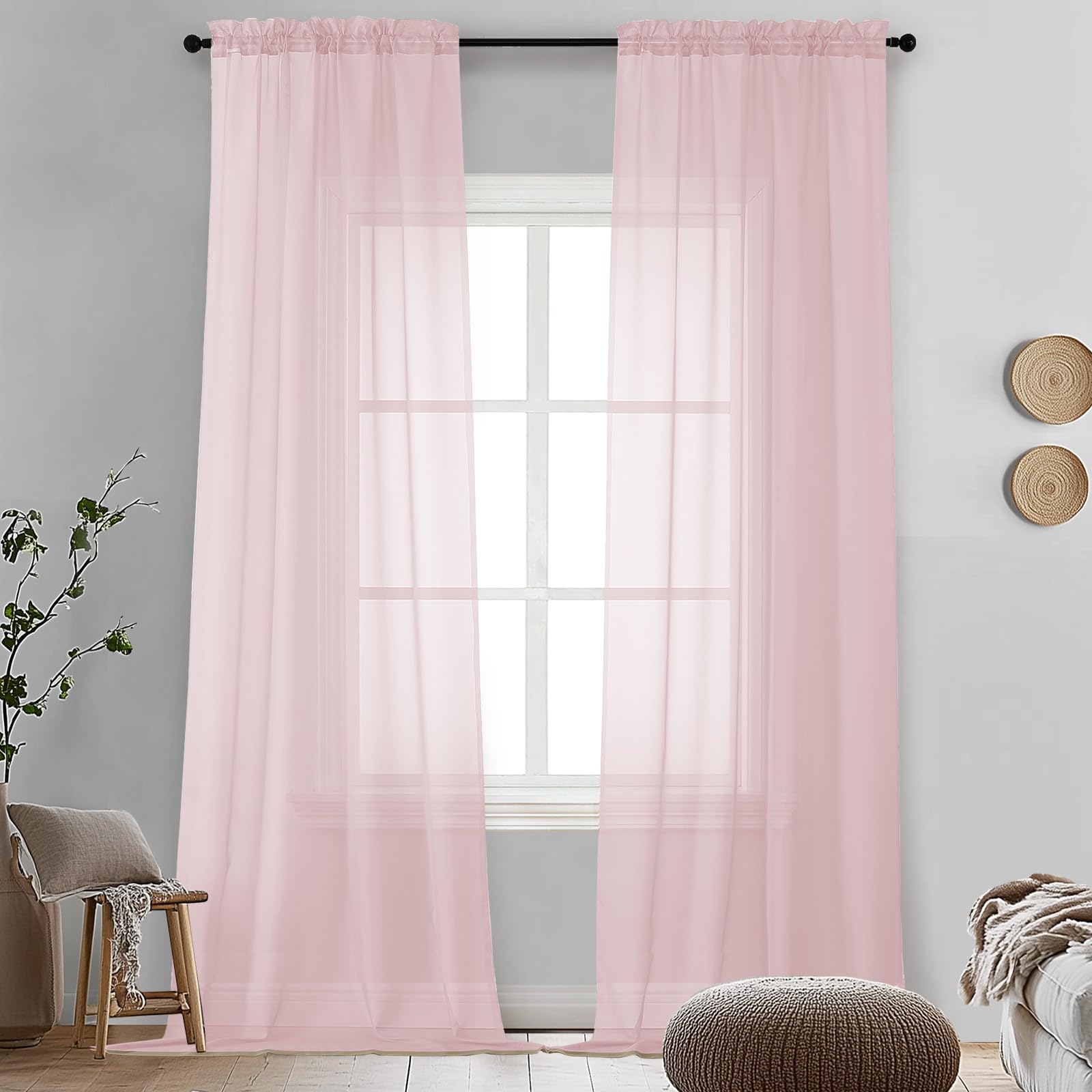 OVZME Blush Pink Sheer Curtains 96 Inches Long 2 Panels - Soft Light Filtering Window Sheer Panels for Living Room/Bedroom, Top Dual Rod Pocket, 1
