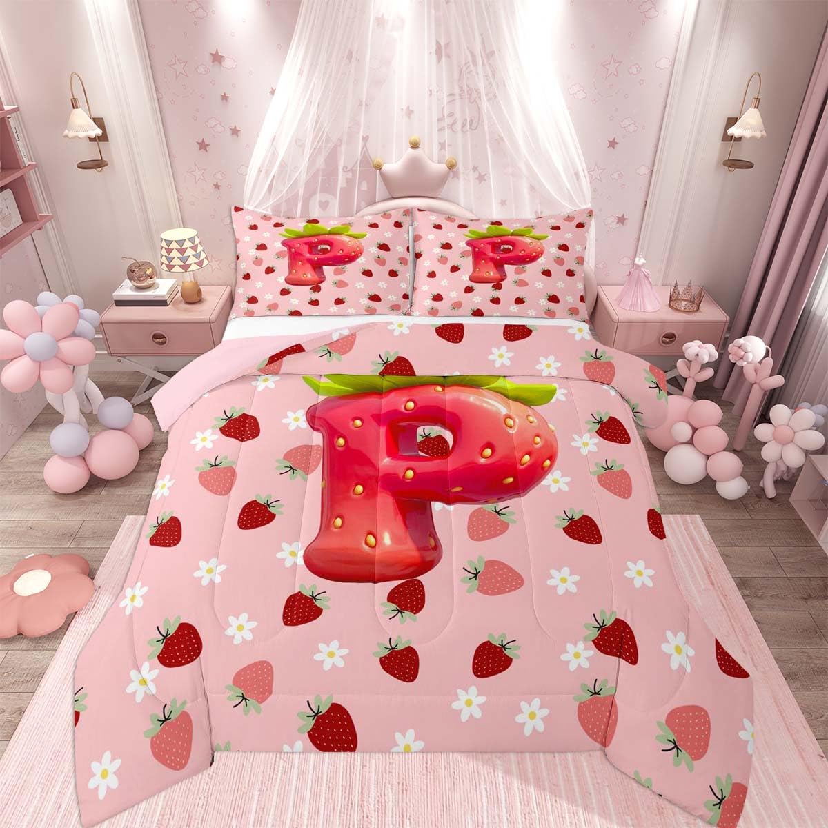 Feelyou Girls Strawberry Comforter Set All Season Pink Strawberry Bedding Set with 1 Pillow Cases Initial Letter P Microfiber Kids Toddler Bedclothes Bedroom Decor Duvet Quilt Soft
