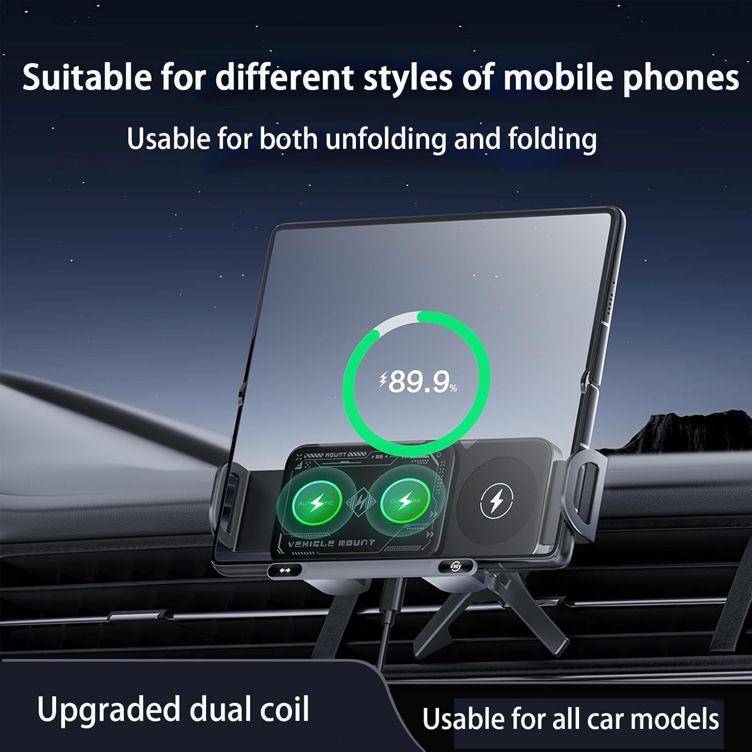 CLOUDEMO 2024 High Intelligent Mobile Phone/Pad Holder, 2 in 1 Auto Rotating Phone Holder with Wireless Car Charger, Can Be Used for Foldable Phones