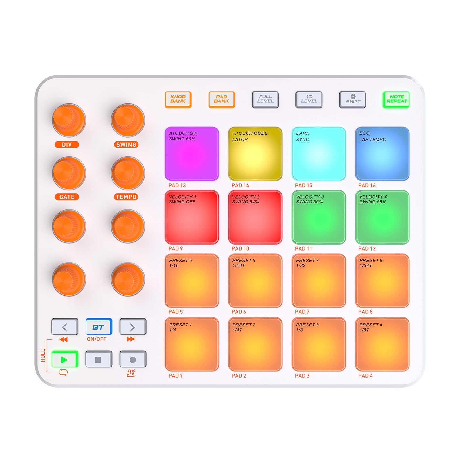 Controller MIDI, 16 Pad RGB 8 Manopole 6 Pulsanti Personalizzabili Batteria Ricaricabile Wireless da 2000 MAh, con Connessione USB MIDI per Professionisti Principianti della (Bianca)