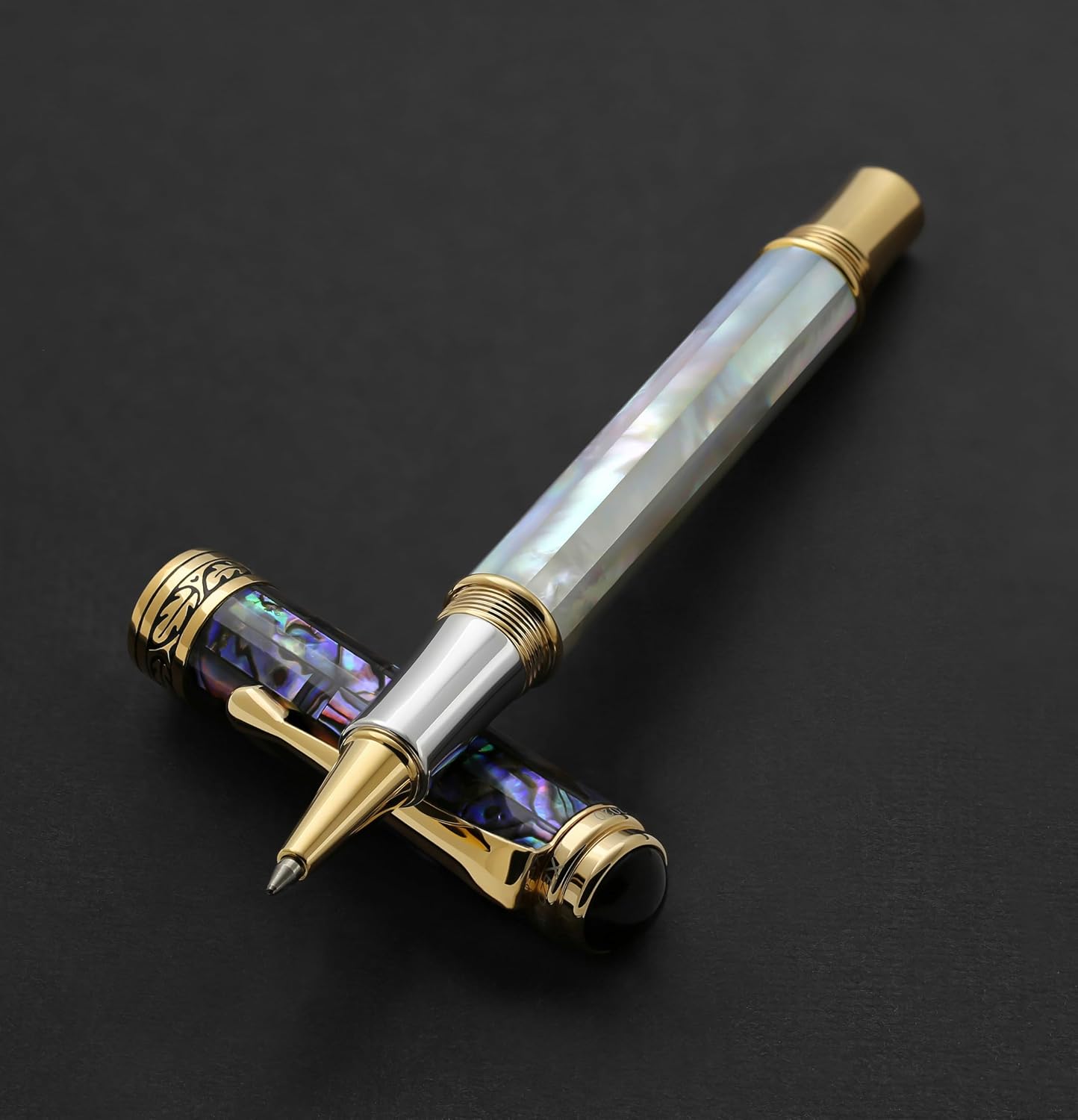 Xezo Maestro Rollerball Pen, Fine Point. Oceanic Mother of Pearl, Pāua Shell, Platinum and 18K Gold Plating. Handcrafted, Limited Edition, Serialized