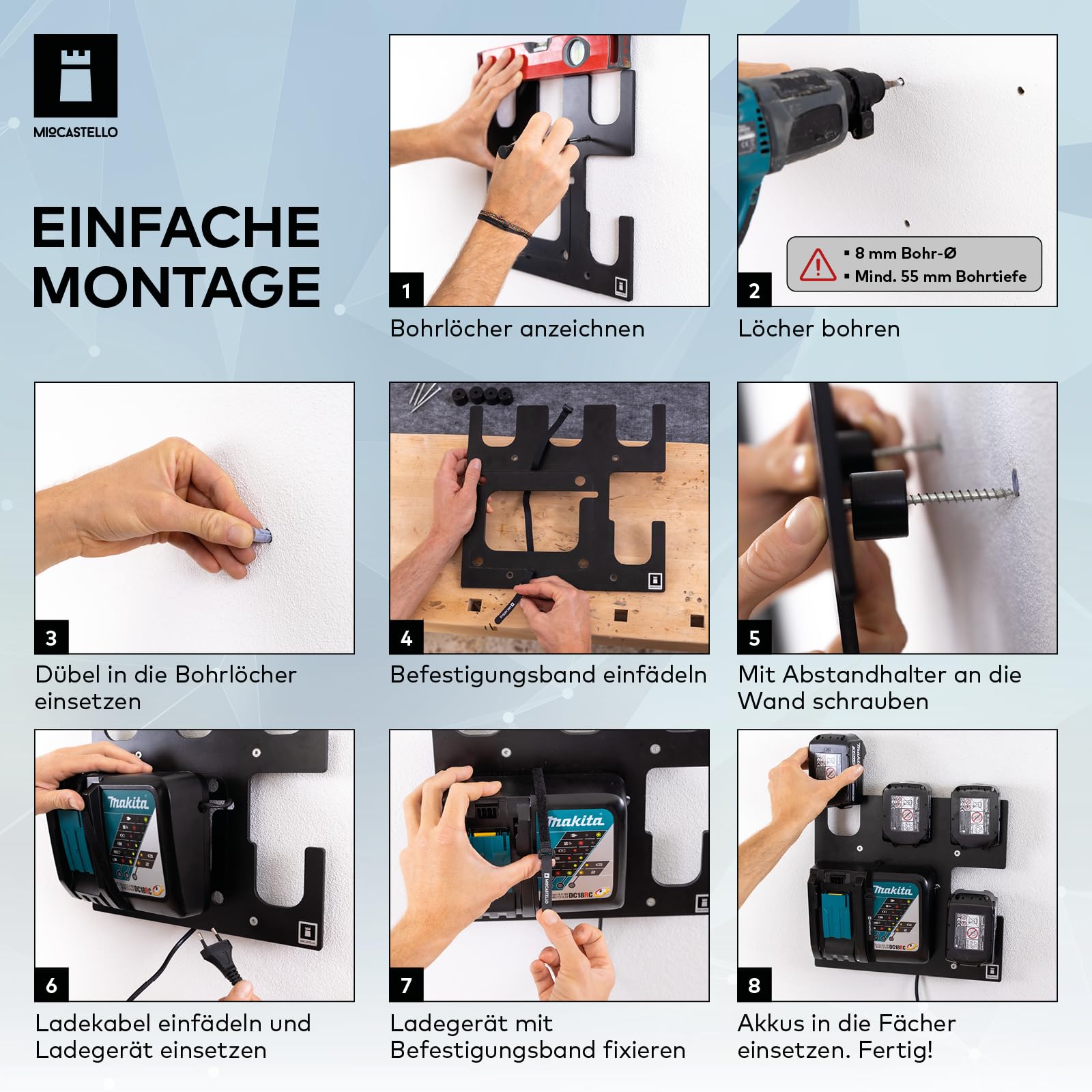 TAKE&GO Wandhalterung für Makita Akkus und Ladegerät – mit cleverer Ladegerät-Befestigung für festen Halt sowie einzigartige Flexibiltät und Mobilität beim Laden (Farbe: Schwarz)