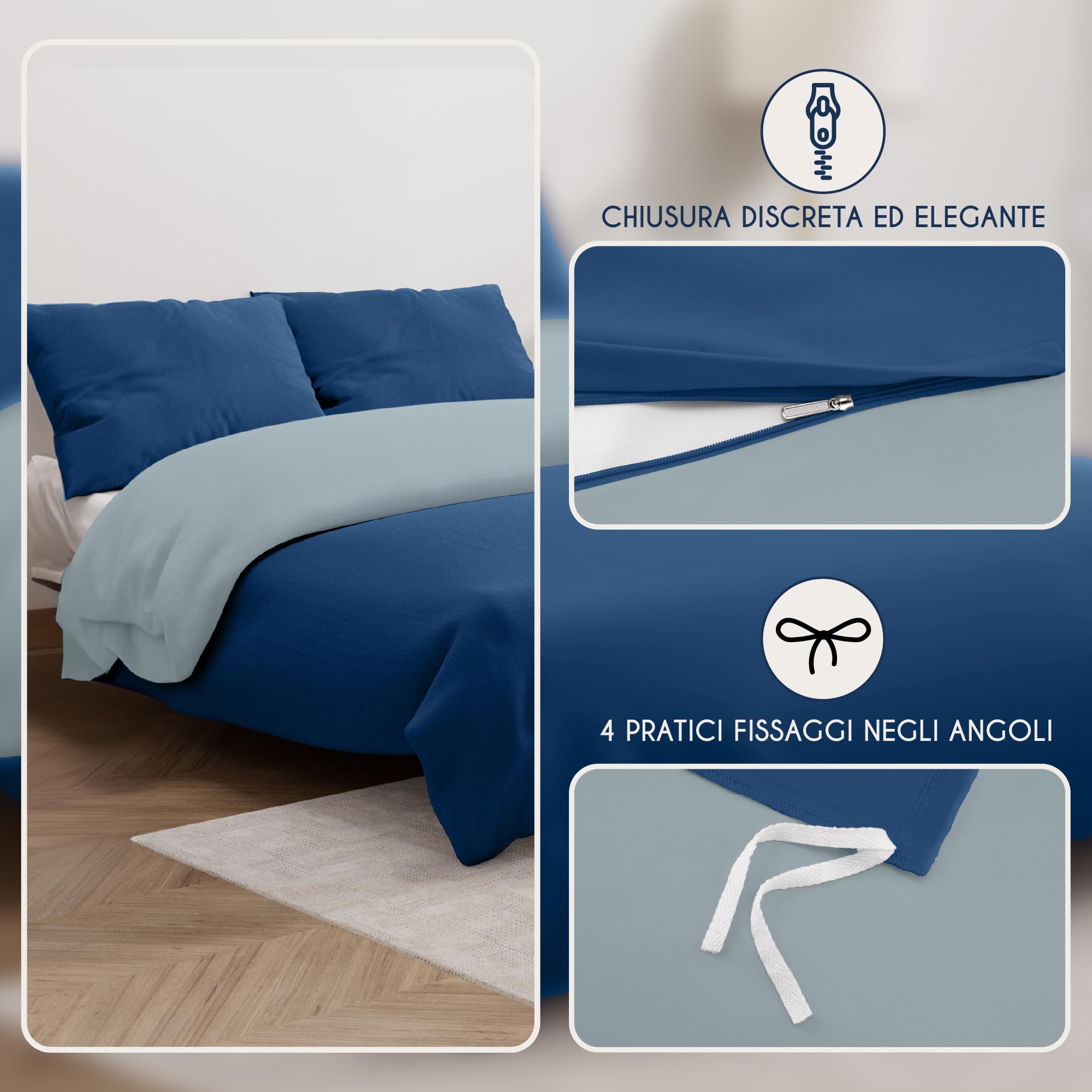 Dreamzie Copripiumino Matrimoniale 200x200 cm con 2 Federe 50x70 cm - Blu Scuro/Blu Grigio Set Copripiumino Matrimoniale 200x200