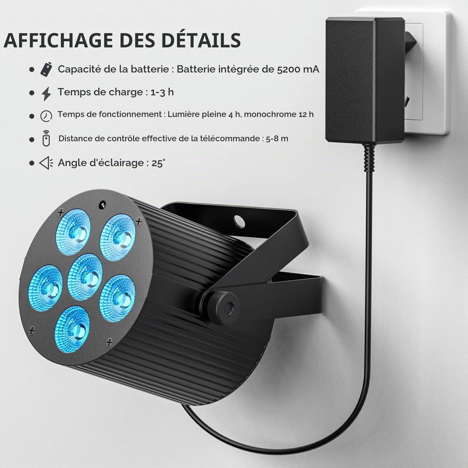 Projecteur LED Rechargeable 60 W, 6 LED RGBWAUV, Éclairage de Scène avec Télécommande et DMX512, Lumière de Fête pour DJ, Discothèque, Live, Mariage, Intérieur, Extérieur, Salle d'Exposition