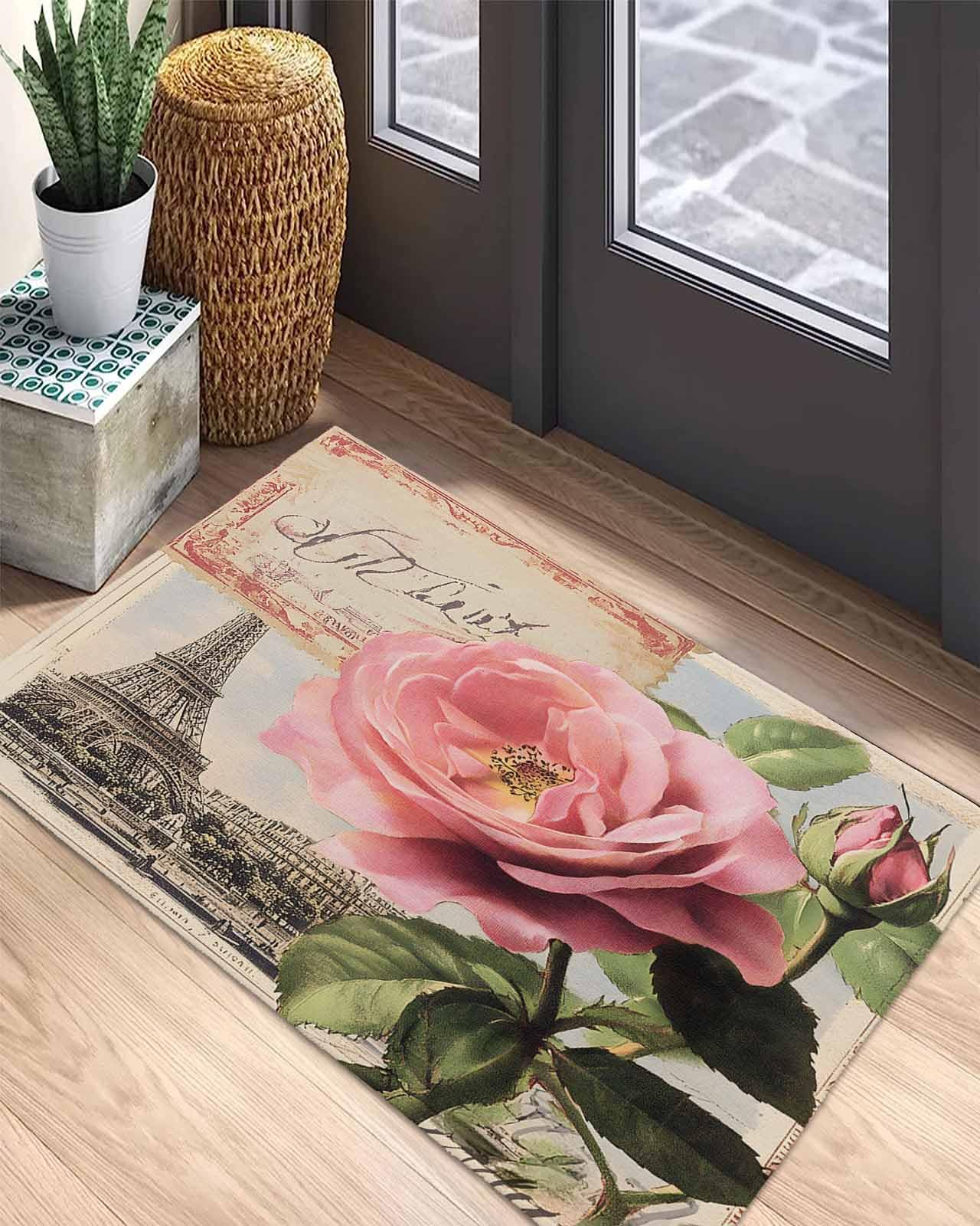 Amazon.com: Floral Front Door Mat Pink Rose Flowers Eiffel Tower