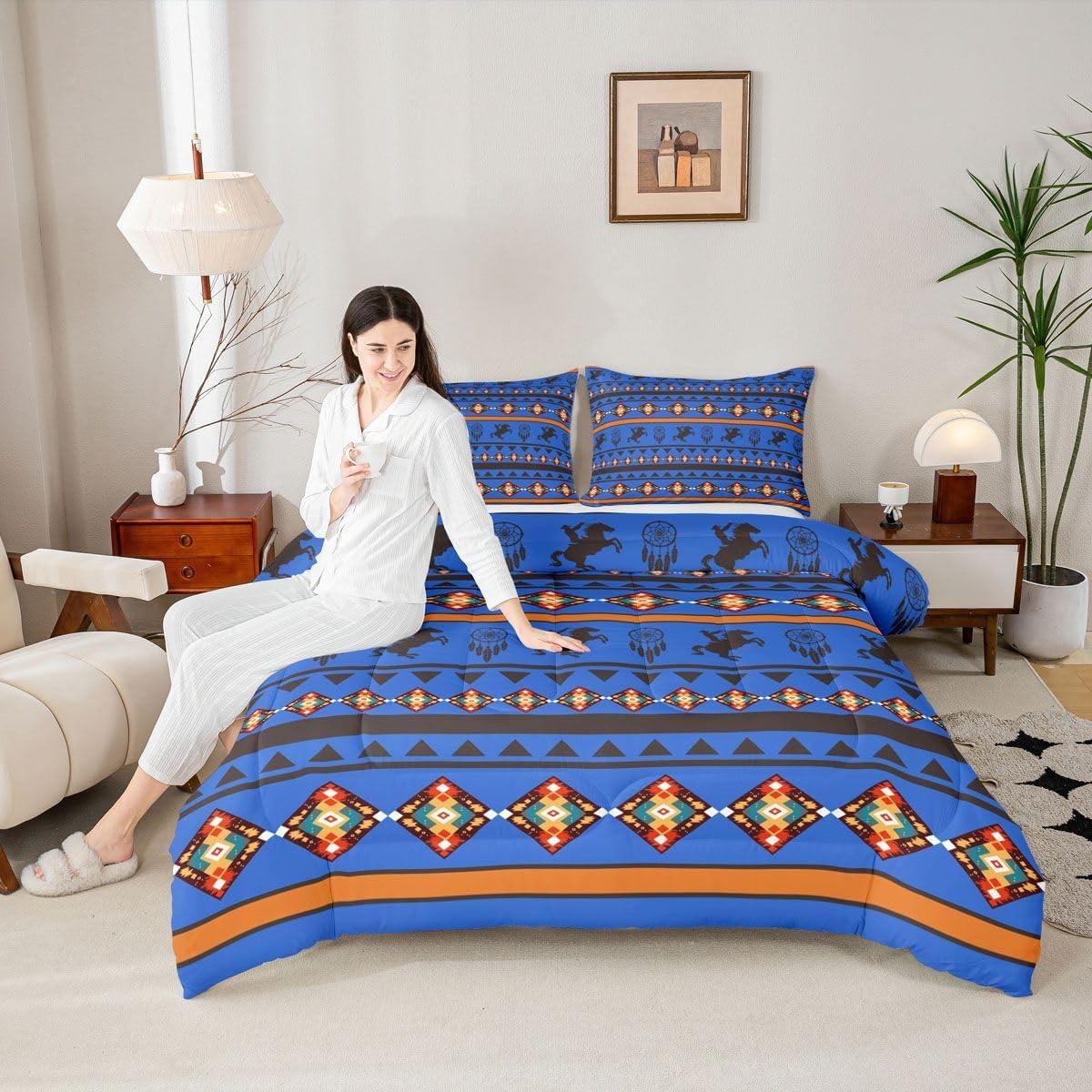 Erosebridal Aztec Queen Comforter Set, Western Cowboy Horse Bedding Sets Native American Southwestern Quilt Boho Western Decor for Bedroom, Rustic Farmhouse Duvet Sets 3 Pieces with 2 Pillow Cases