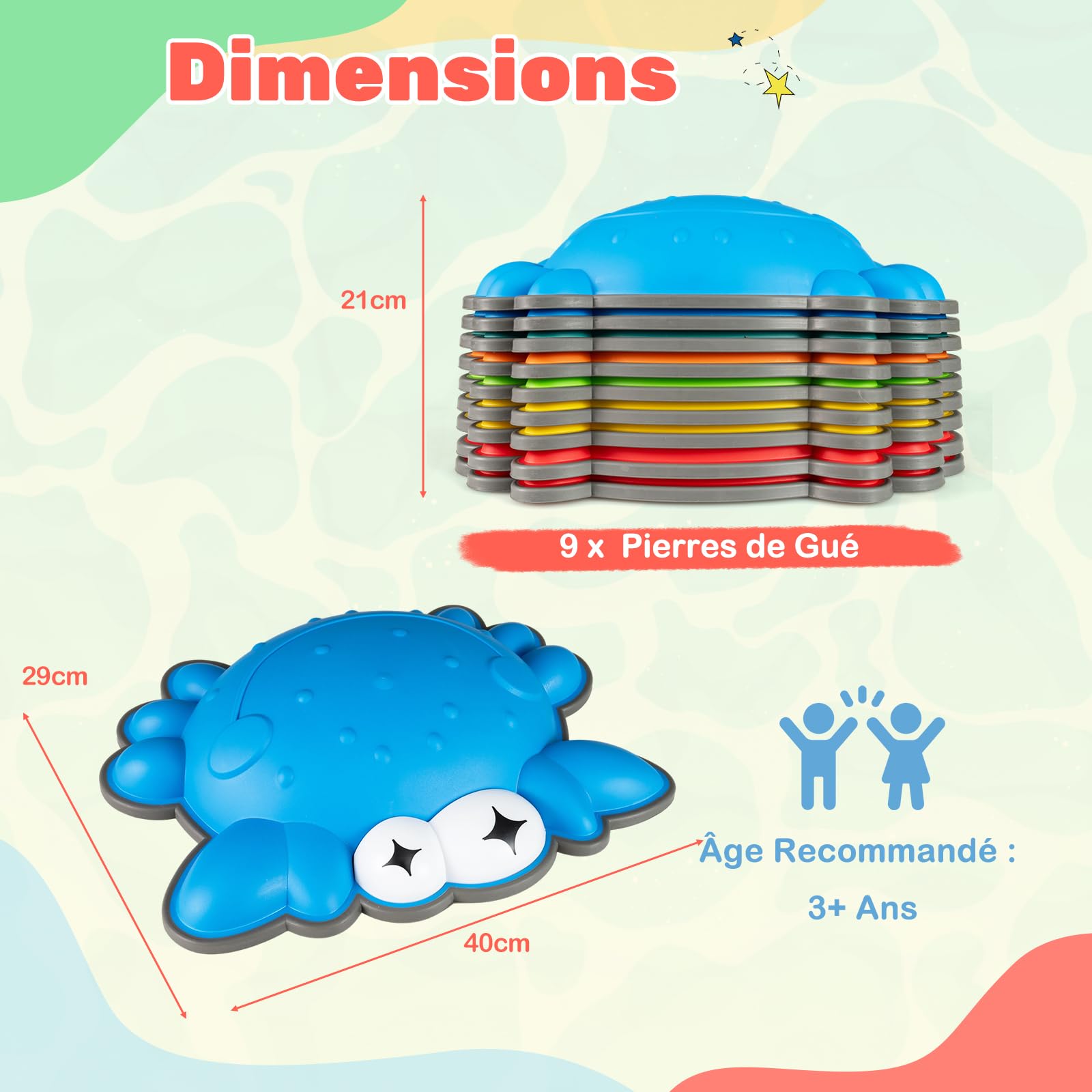 COSTWAY 9 Pierres d'équilibre Empilables Enfant en Forme Crabe avec Bord TPE, Parcours Motricité Enfant avec Motif Antidérapant, Jouet Sensoriel Intérieur & Extérieur, Charge 80kg pour 3 Ans+