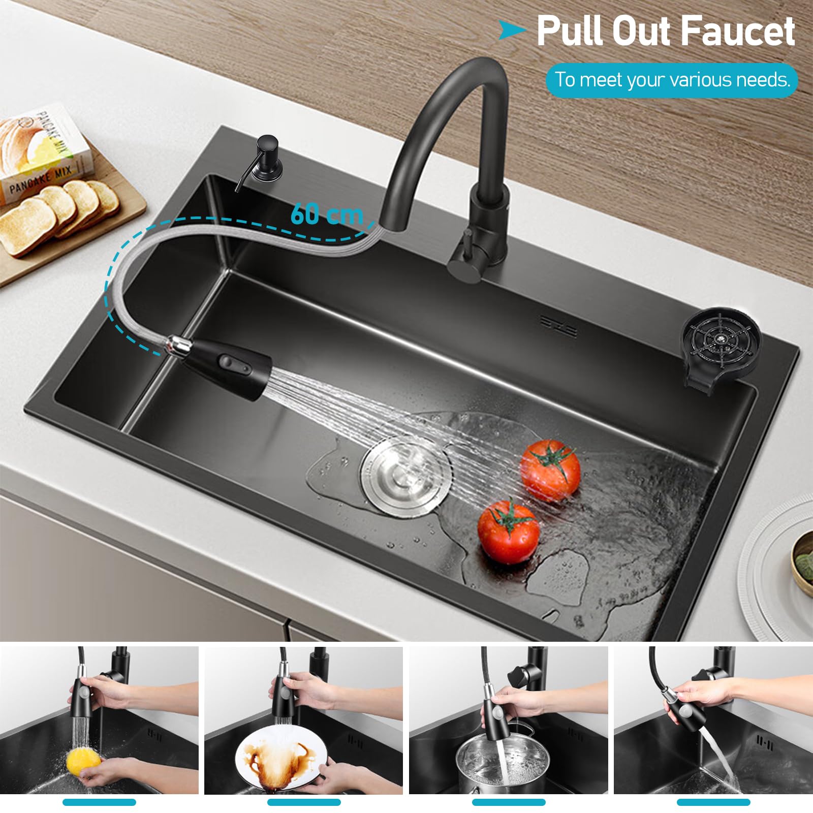 Lavello Cucina in Acciaio Inox 80 cm, Lavello da Incasso a 3 Fori con 1 Vasca, Set Completo con Rubinetto Estraibile, Lavabicchieri e Kit di Scarico (Grigio Scuro, 80 x 50 cm)