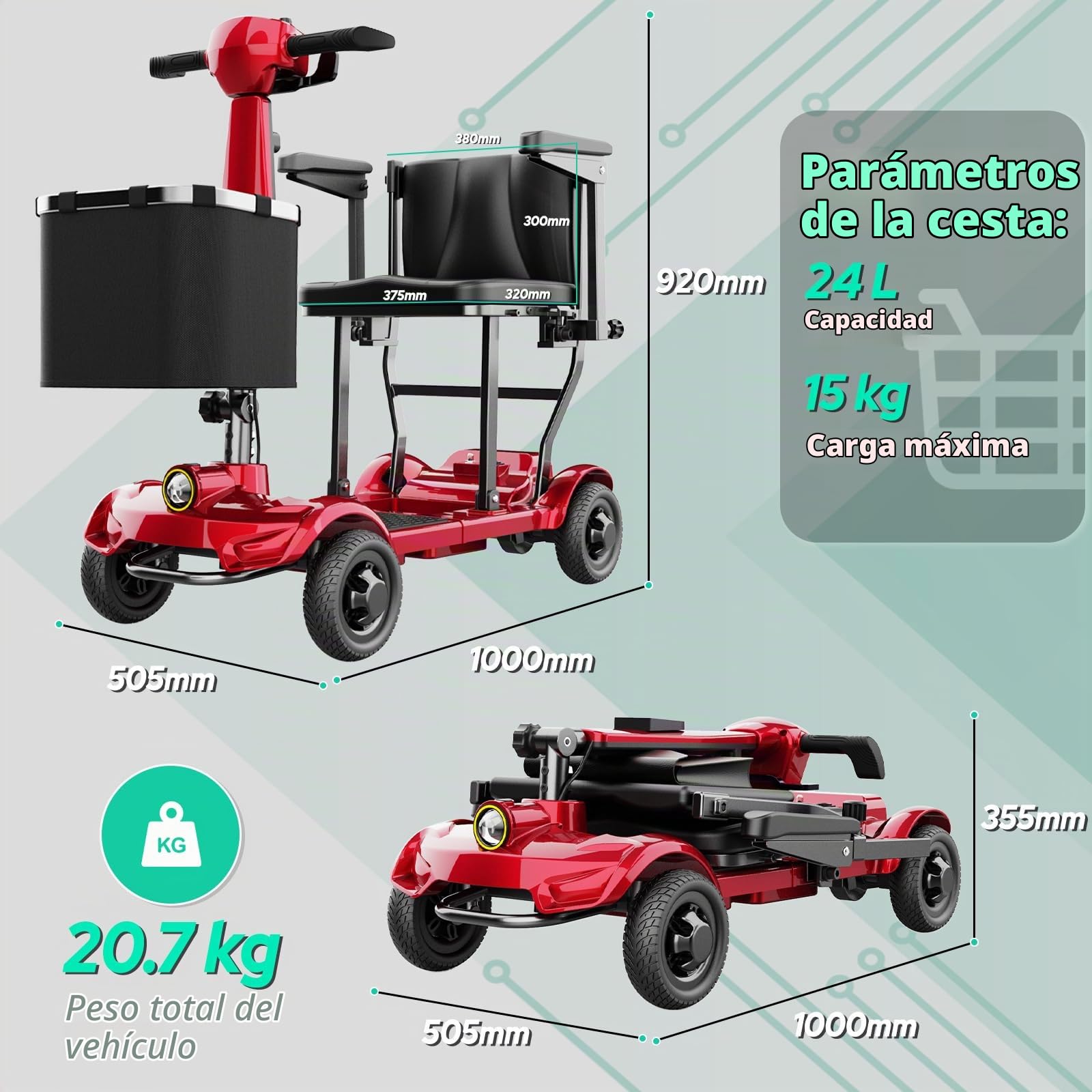 X-17 Plegable Mobility Scooter Discapacitados Personas mayores 4 Ruedas Bolsas Delanteras y Traseras, Autonomía 30km, Capacidad de Subir, Carga Máx 130kg,Asiento Ergonómico Cómodo